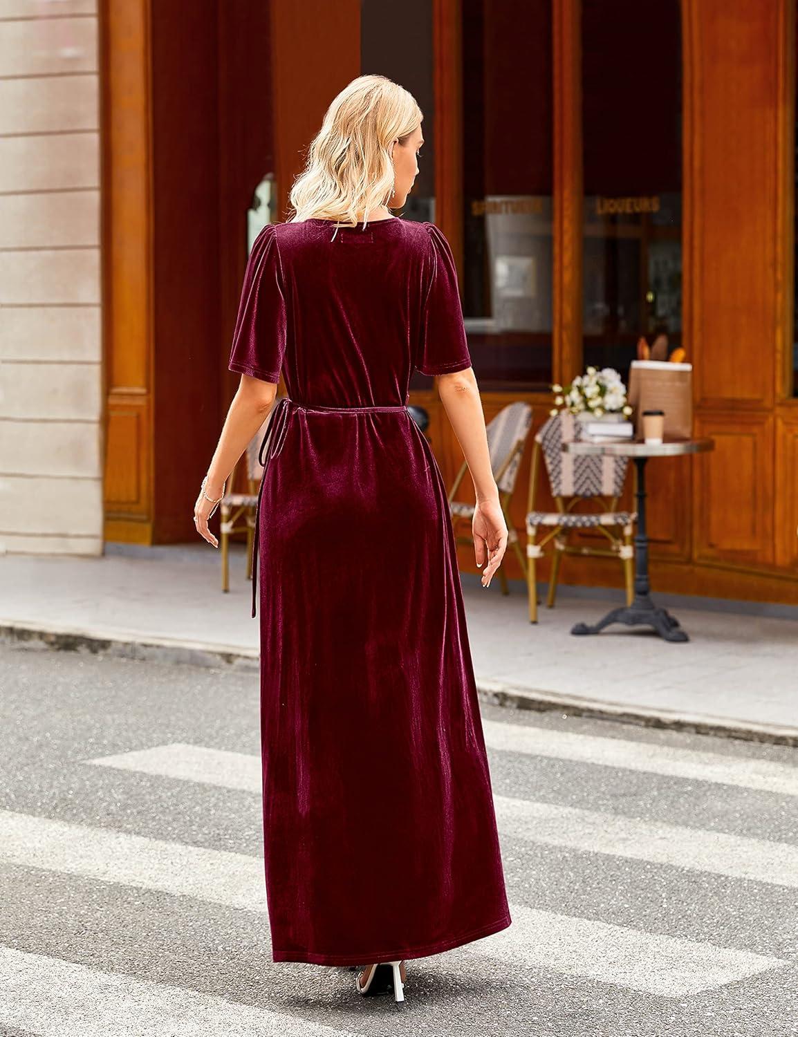imageMEROKEETY Womens V Neck Wrap Velvet Maxi Wedding Guest Dress Bell Sleeve Split Bridesmaid Cocktail Party Formal DressesBurgundy