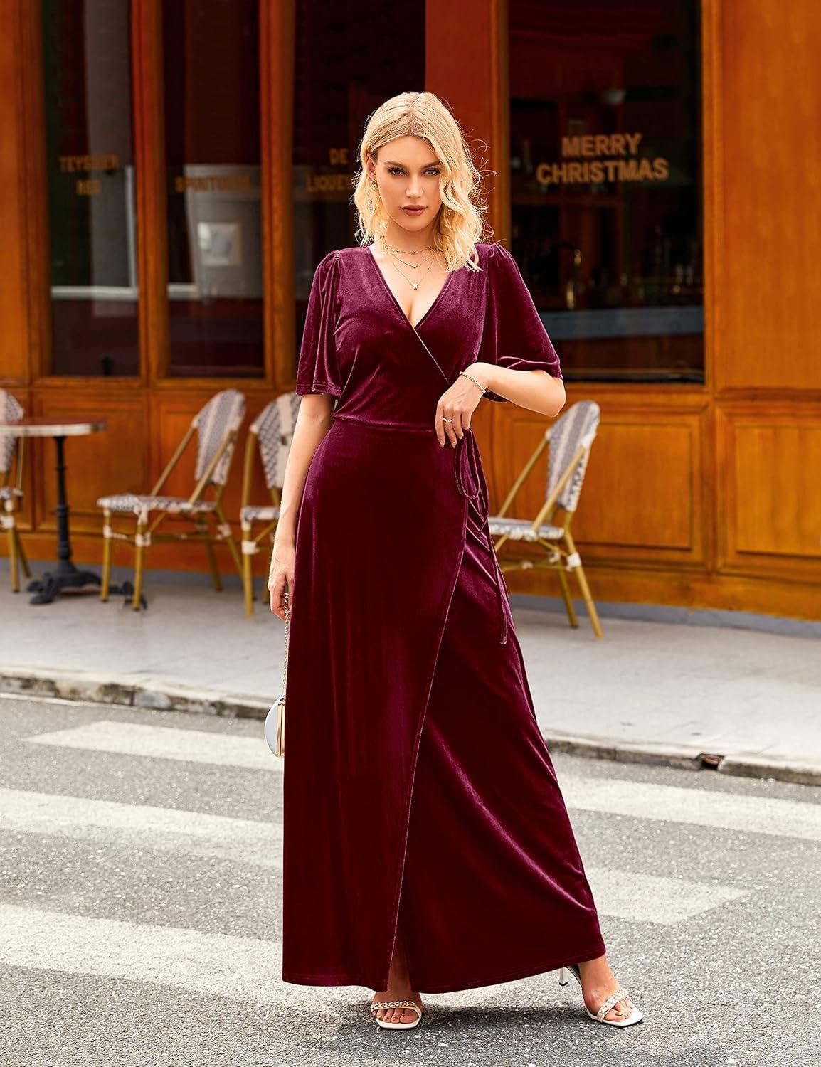 imageMEROKEETY Womens V Neck Wrap Velvet Maxi Wedding Guest Dress Bell Sleeve Split Bridesmaid Cocktail Party Formal DressesBurgundy