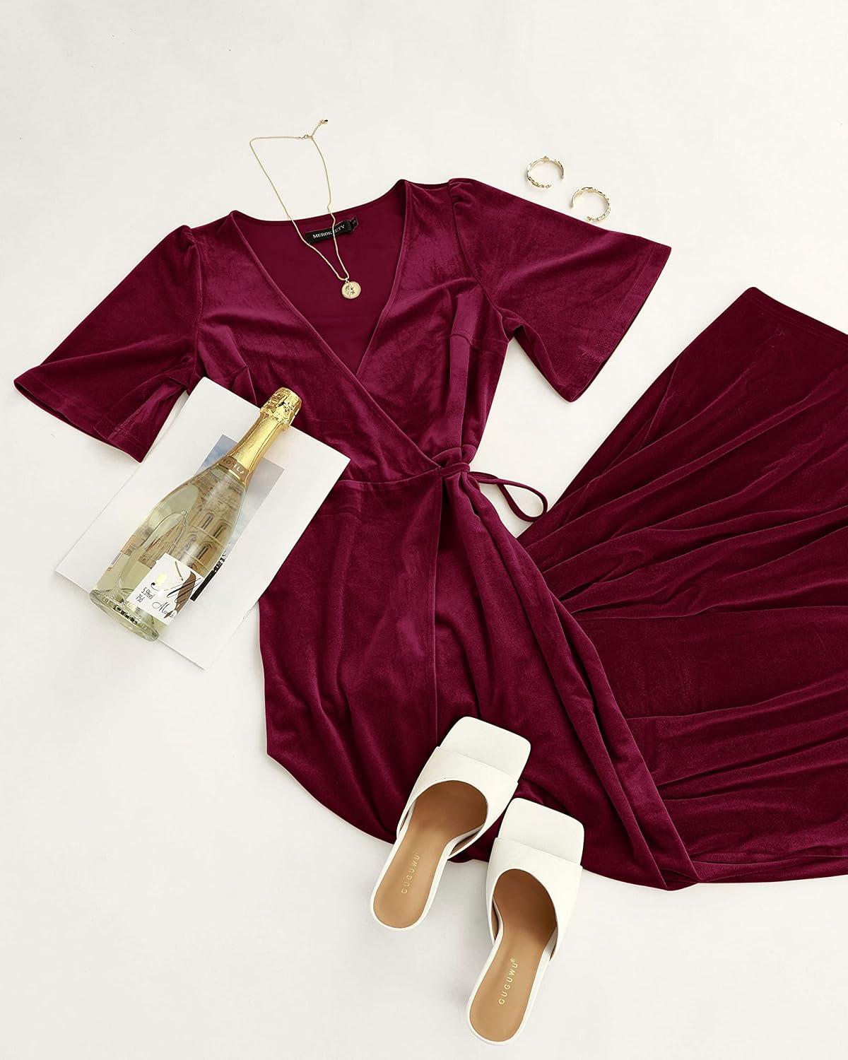 imageMEROKEETY Womens V Neck Wrap Velvet Maxi Wedding Guest Dress Bell Sleeve Split Bridesmaid Cocktail Party Formal DressesBurgundy