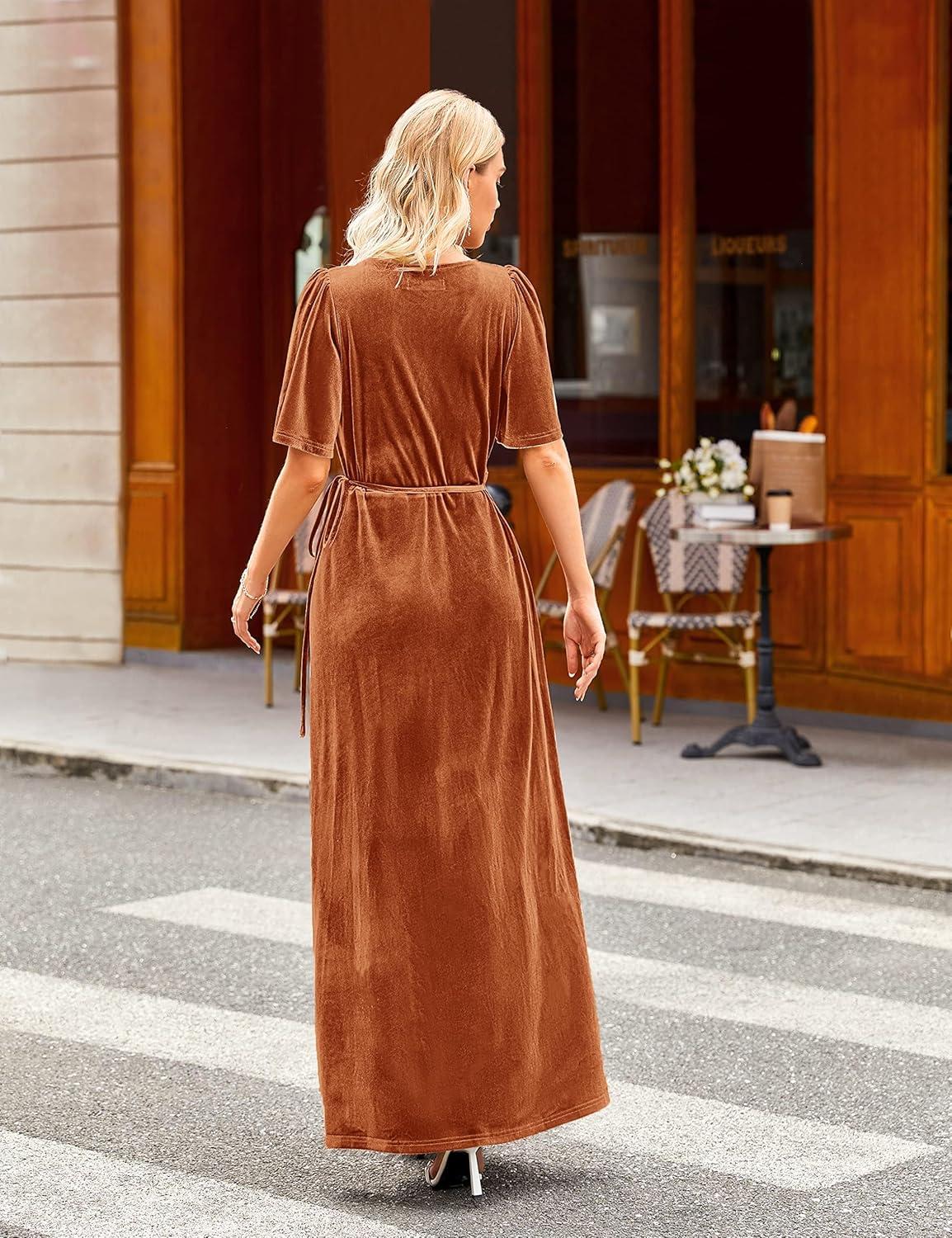 imageMEROKEETY Womens V Neck Wrap Velvet Maxi Wedding Guest Dress Bell Sleeve Split Bridesmaid Cocktail Party Formal DressesEarthyorange