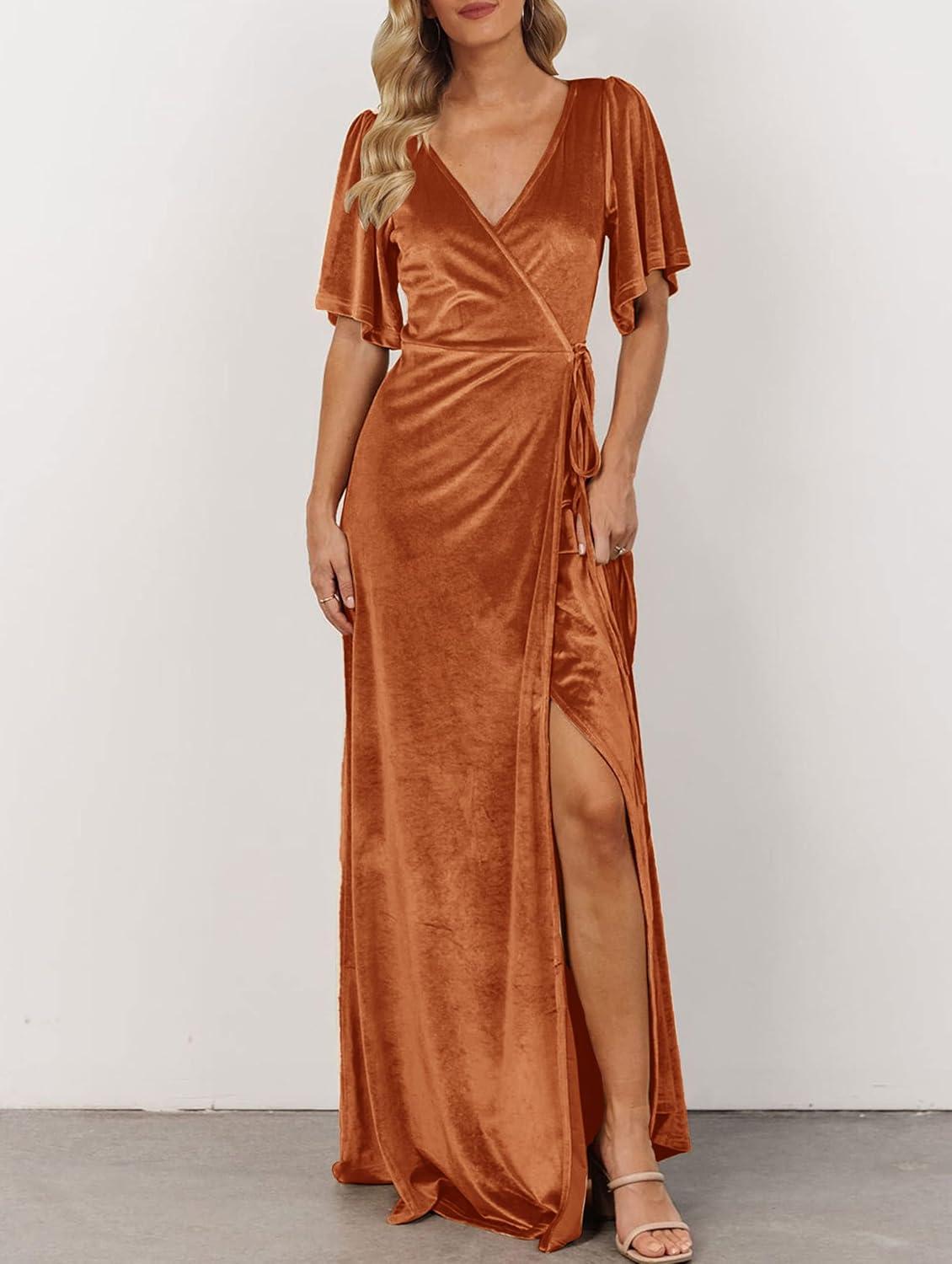 imageMEROKEETY Womens V Neck Wrap Velvet Maxi Wedding Guest Dress Bell Sleeve Split Bridesmaid Cocktail Party Formal DressesEarthyorange