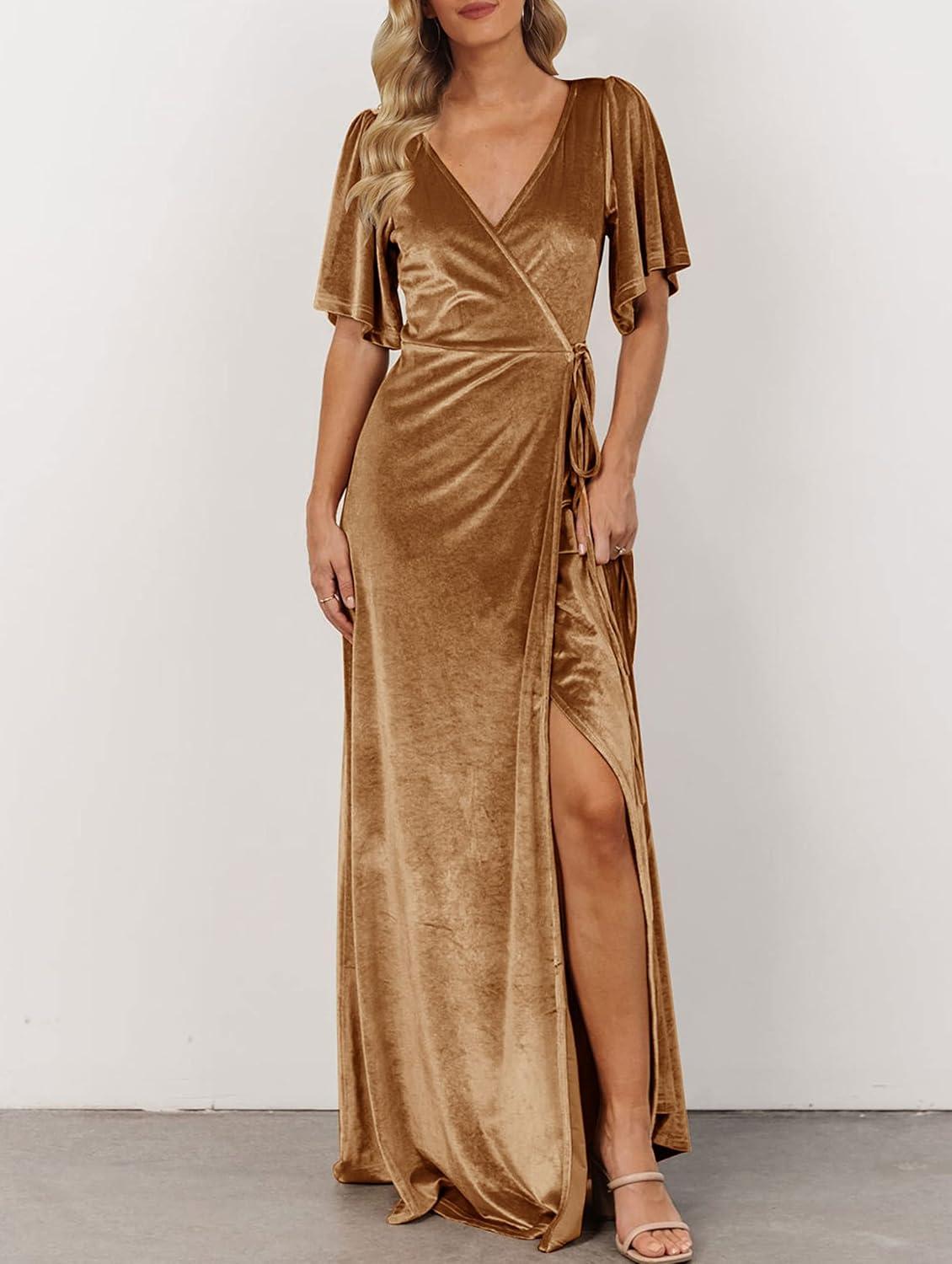 imageMEROKEETY Womens V Neck Wrap Velvet Maxi Wedding Guest Dress Bell Sleeve Split Bridesmaid Cocktail Party Formal DressesGolden