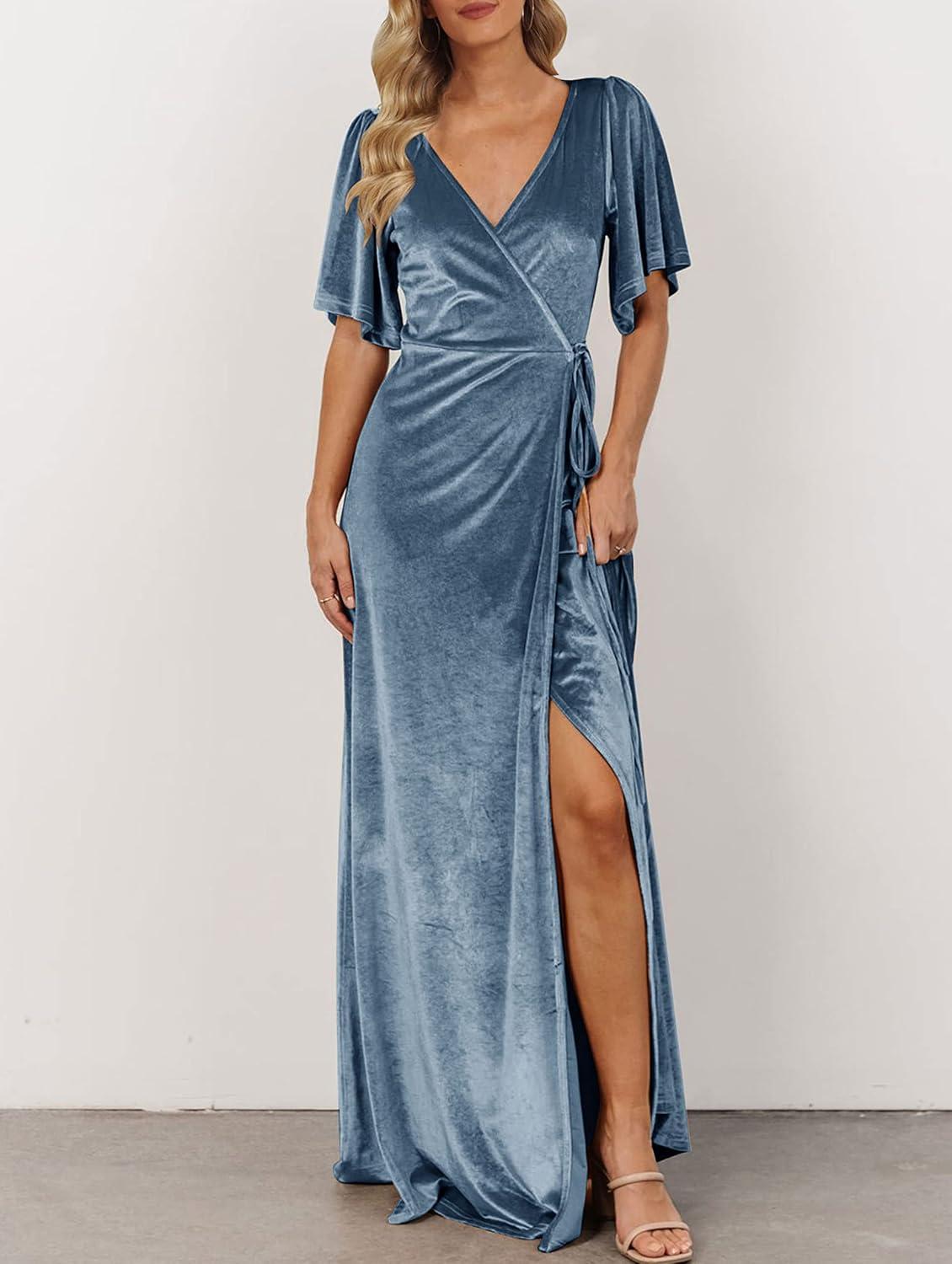 imageMEROKEETY Womens V Neck Wrap Velvet Maxi Wedding Guest Dress Bell Sleeve Split Bridesmaid Cocktail Party Formal DressesHaze Blue