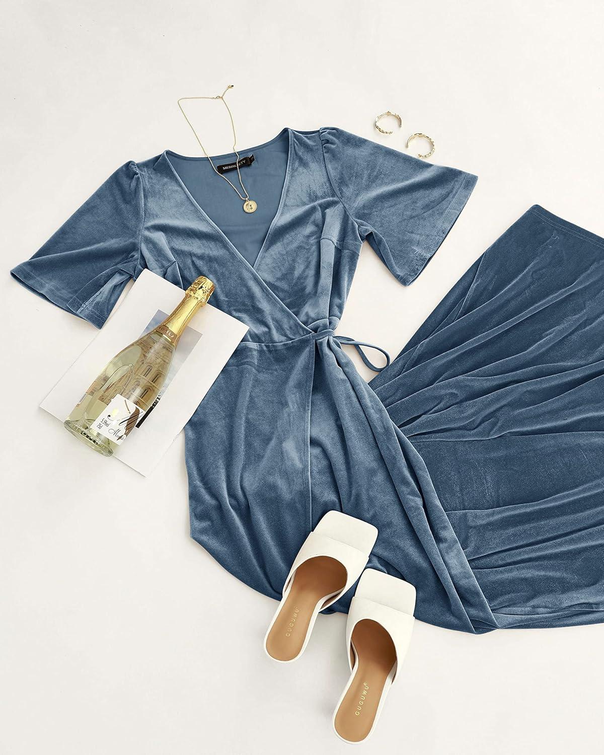 imageMEROKEETY Womens V Neck Wrap Velvet Maxi Wedding Guest Dress Bell Sleeve Split Bridesmaid Cocktail Party Formal DressesHaze Blue