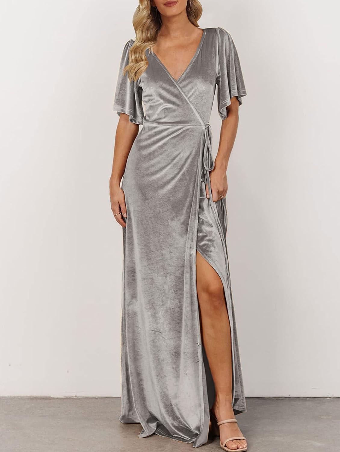 imageMEROKEETY Womens V Neck Wrap Velvet Maxi Wedding Guest Dress Bell Sleeve Split Bridesmaid Cocktail Party Formal DressesSilvery