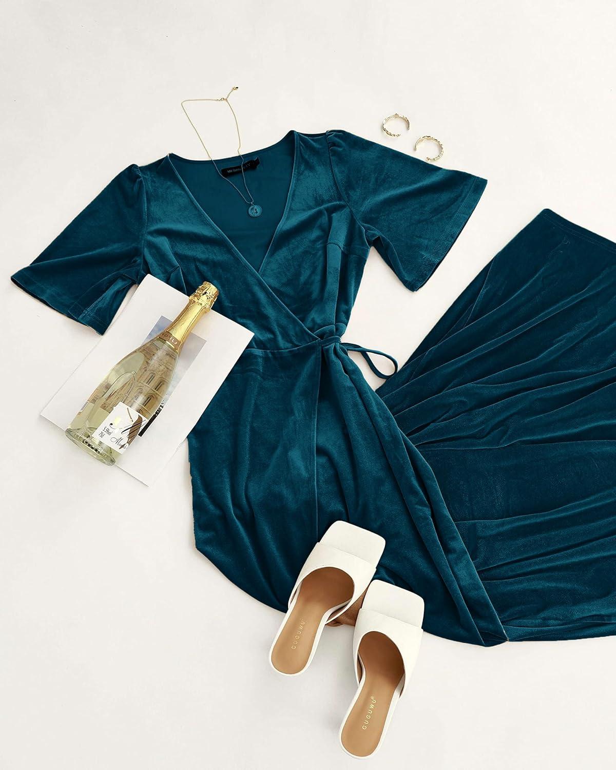imageMEROKEETY Womens V Neck Wrap Velvet Maxi Wedding Guest Dress Bell Sleeve Split Bridesmaid Cocktail Party Formal DressesTeal