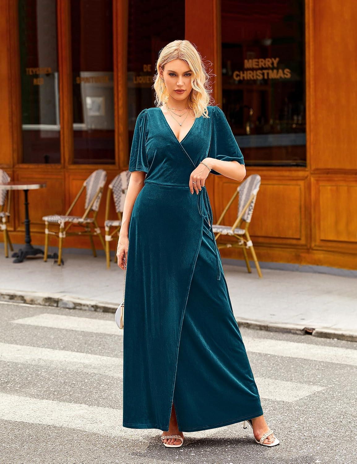 imageMEROKEETY Womens V Neck Wrap Velvet Maxi Wedding Guest Dress Bell Sleeve Split Bridesmaid Cocktail Party Formal DressesTeal