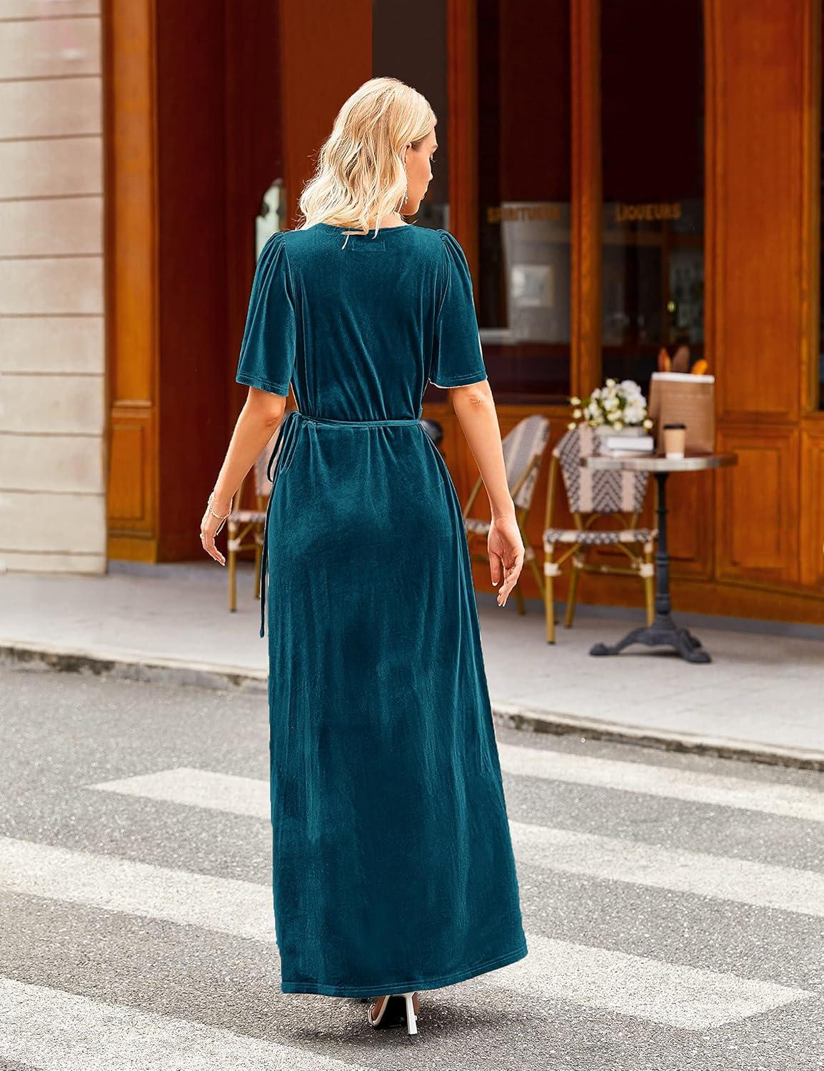 imageMEROKEETY Womens V Neck Wrap Velvet Maxi Wedding Guest Dress Bell Sleeve Split Bridesmaid Cocktail Party Formal DressesTeal