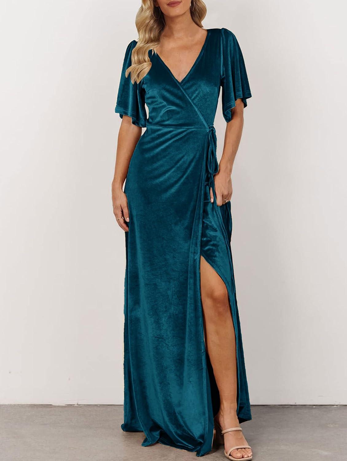 imageMEROKEETY Womens V Neck Wrap Velvet Maxi Wedding Guest Dress Bell Sleeve Split Bridesmaid Cocktail Party Formal DressesTeal