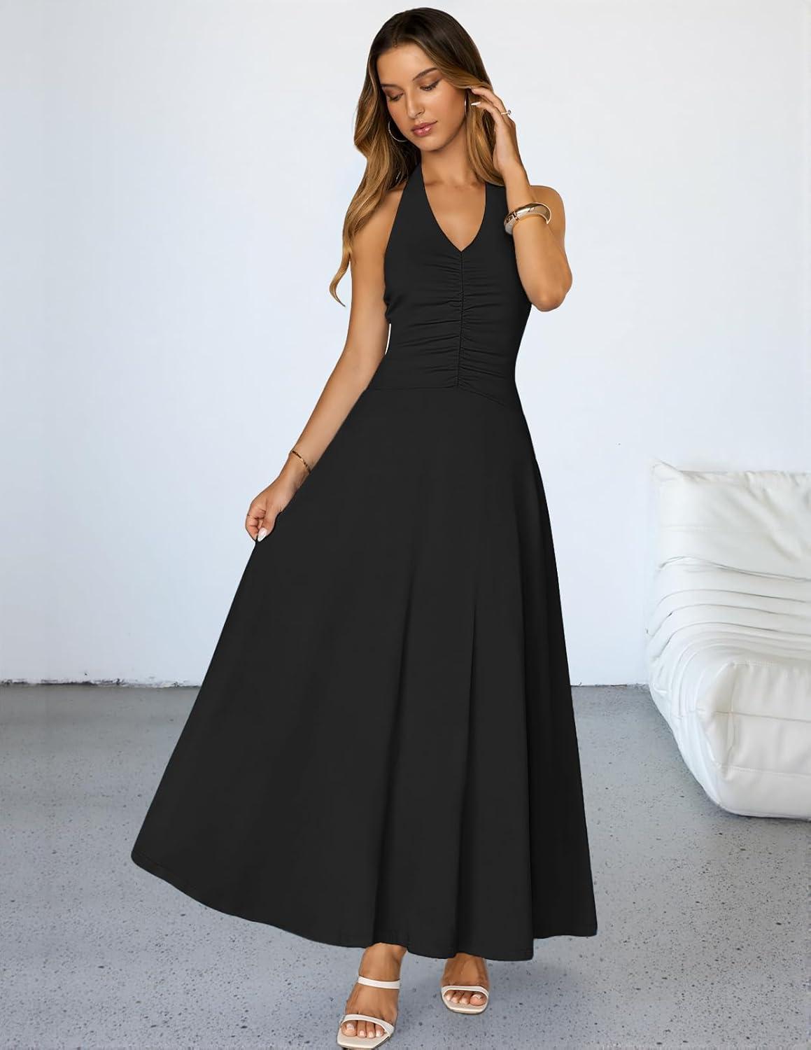 imageMEROKEETY Womens Wedding Guest Formal Dress Summer Halter Backless Sleeveless V Neck Ruched Cocktail Maxi DressesBlack