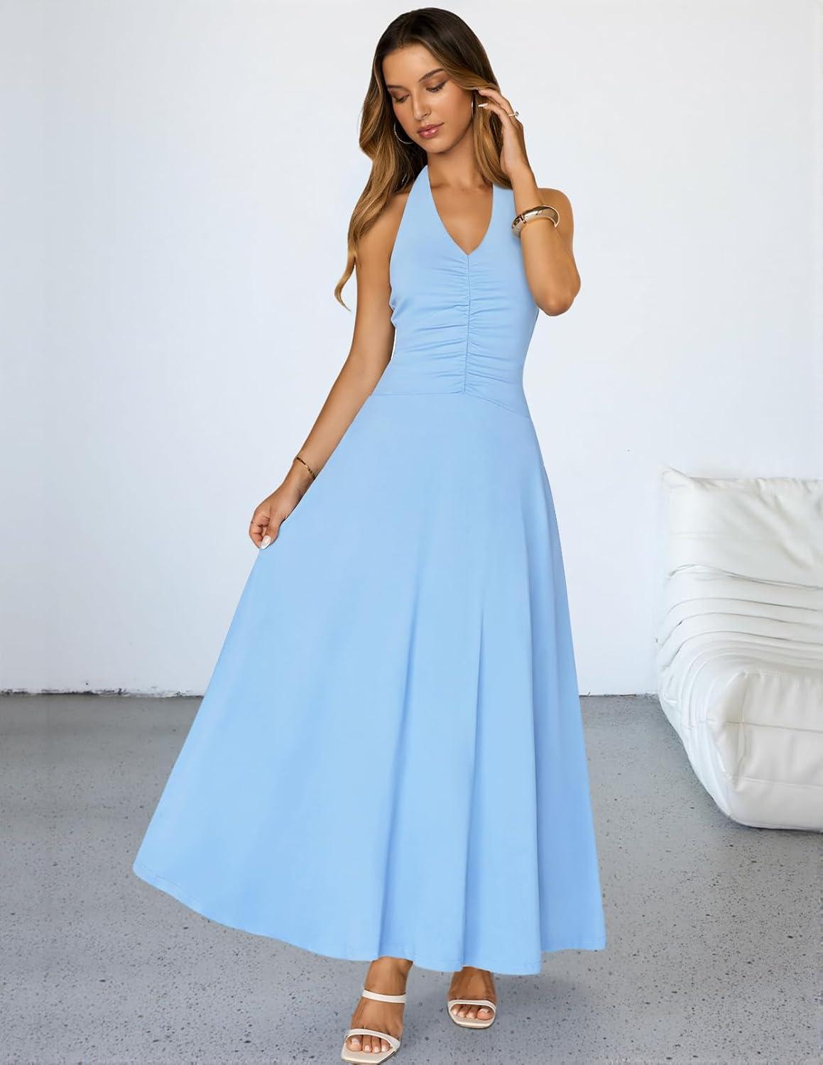 imageMEROKEETY Womens Wedding Guest Formal Dress Summer Halter Backless Sleeveless V Neck Ruched Cocktail Maxi DressesBlue