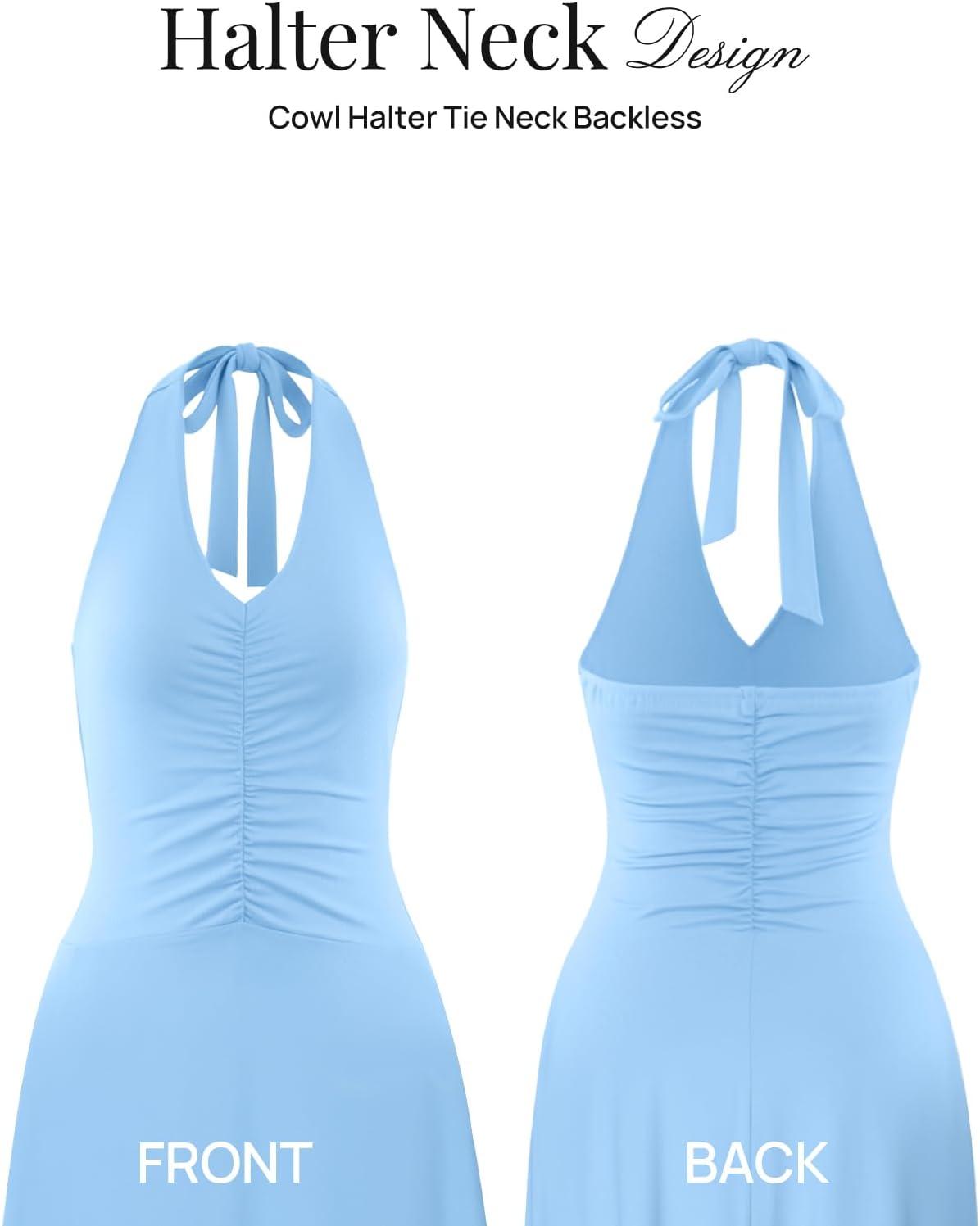 imageMEROKEETY Womens Wedding Guest Formal Dress Summer Halter Backless Sleeveless V Neck Ruched Cocktail Maxi DressesBlue