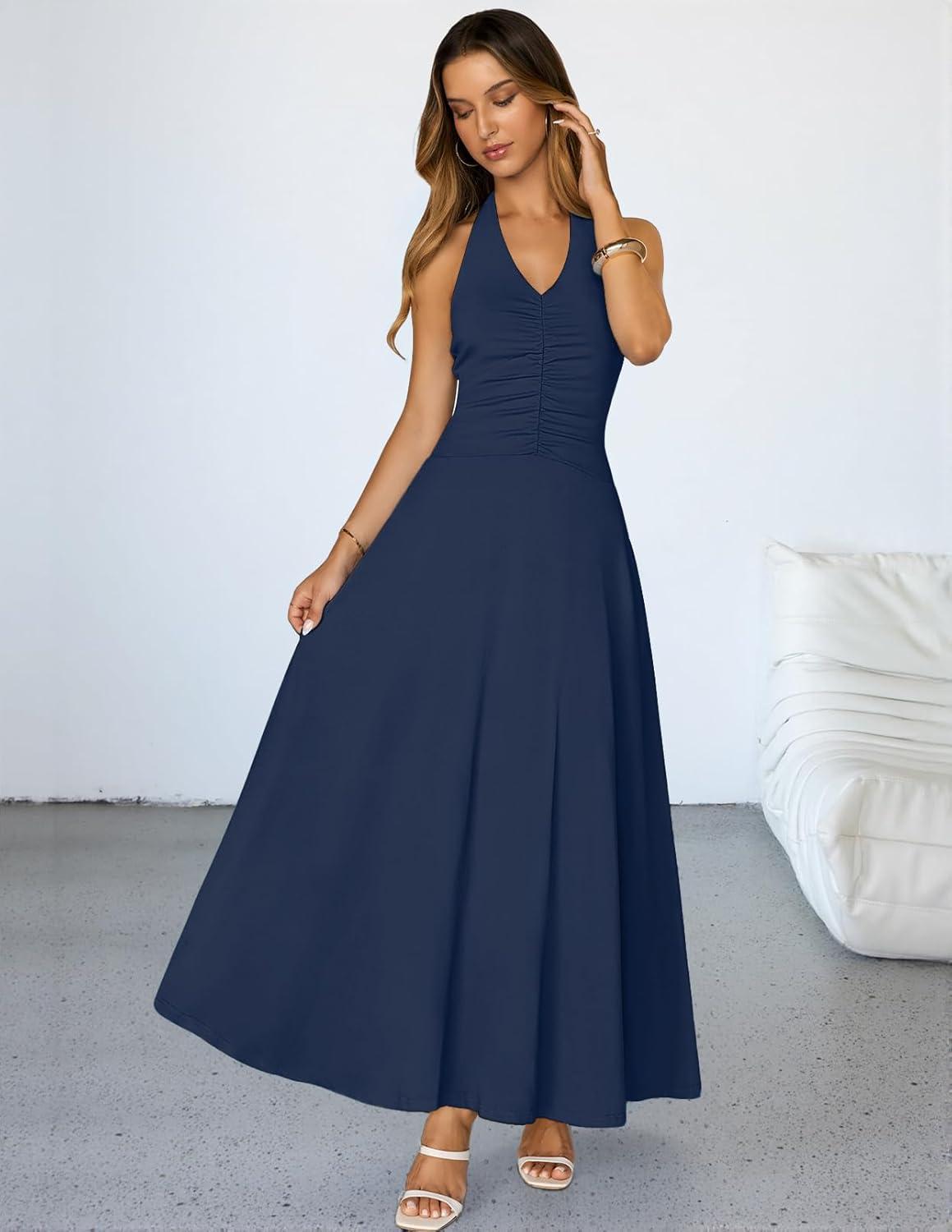 imageMEROKEETY Womens Wedding Guest Formal Dress Summer Halter Backless Sleeveless V Neck Ruched Cocktail Maxi DressesNavy