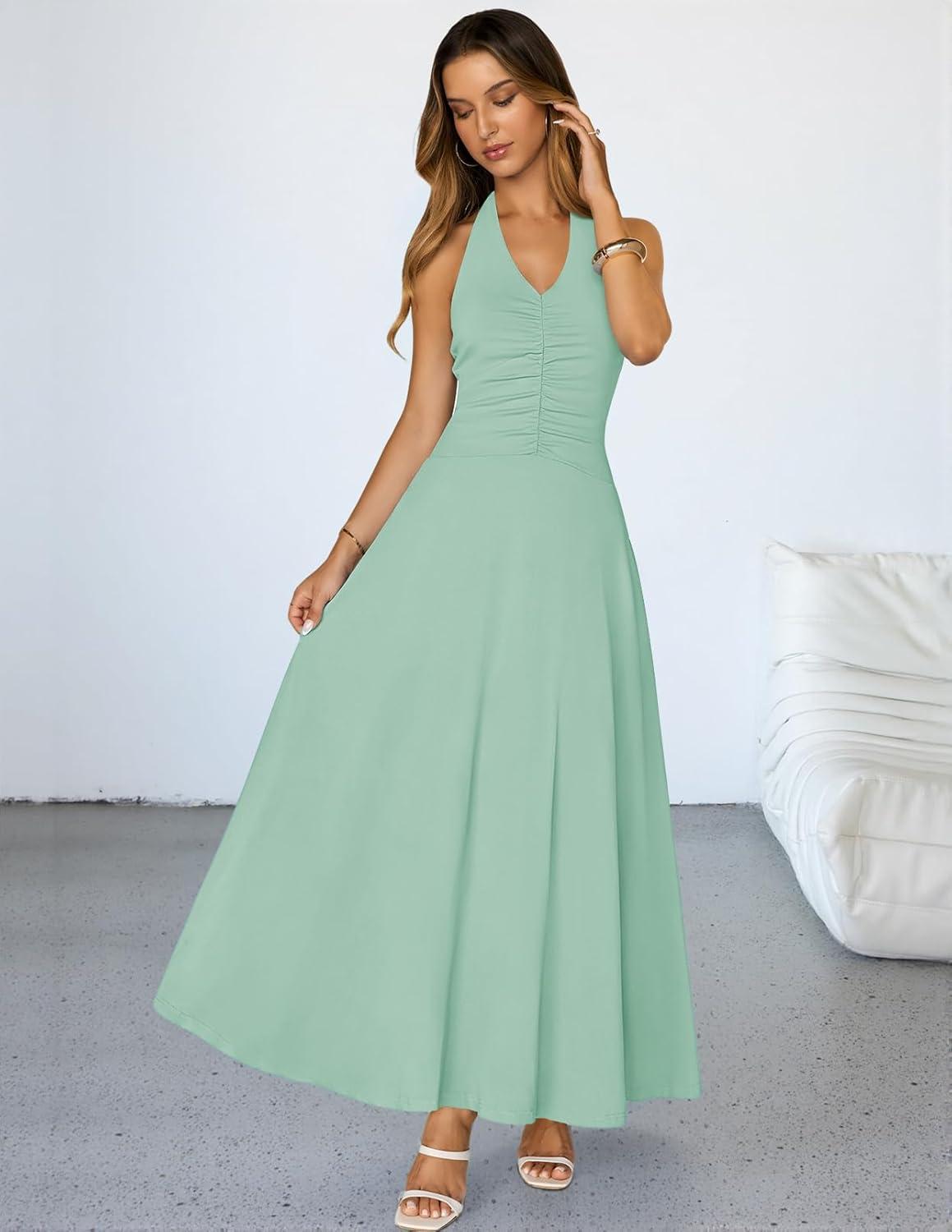 imageMEROKEETY Womens Wedding Guest Formal Dress Summer Halter Backless Sleeveless V Neck Ruched Cocktail Maxi DressesSage