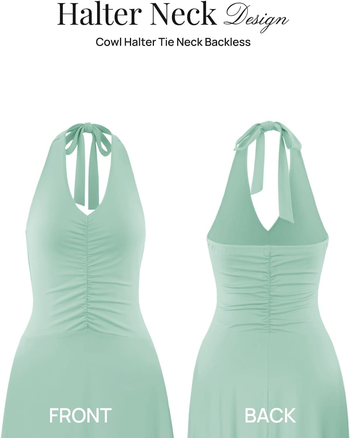 imageMEROKEETY Womens Wedding Guest Formal Dress Summer Halter Backless Sleeveless V Neck Ruched Cocktail Maxi DressesSage