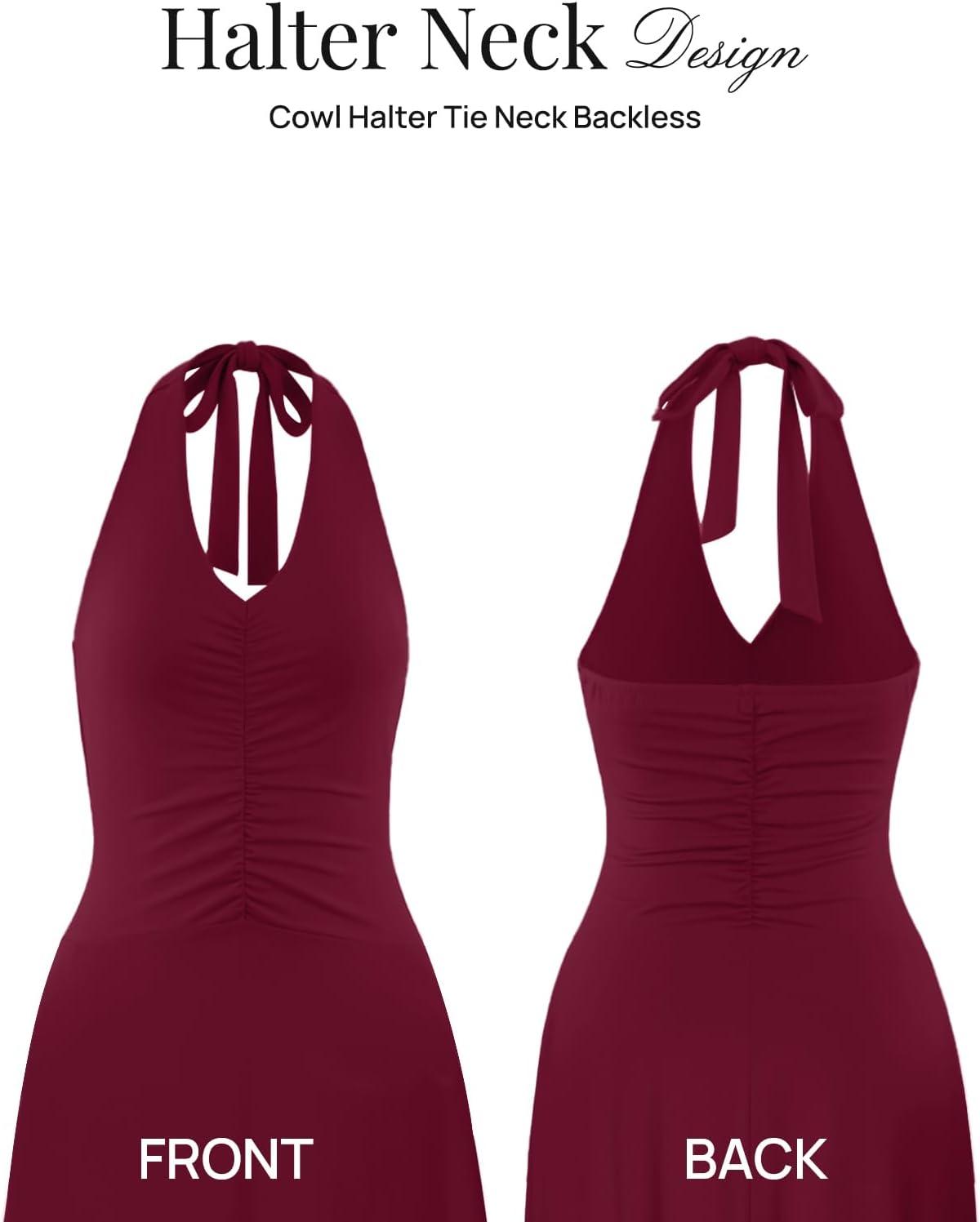 imageMEROKEETY Womens Wedding Guest Formal Dress Summer Halter Backless Sleeveless V Neck Ruched Cocktail Maxi DressesWine