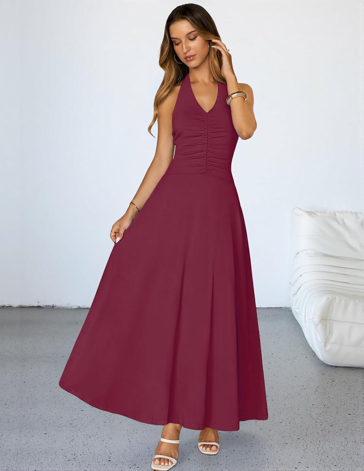 imageMEROKEETY Womens Wedding Guest Formal Dress Summer Halter Backless Sleeveless V Neck Ruched Cocktail Maxi DressesWine