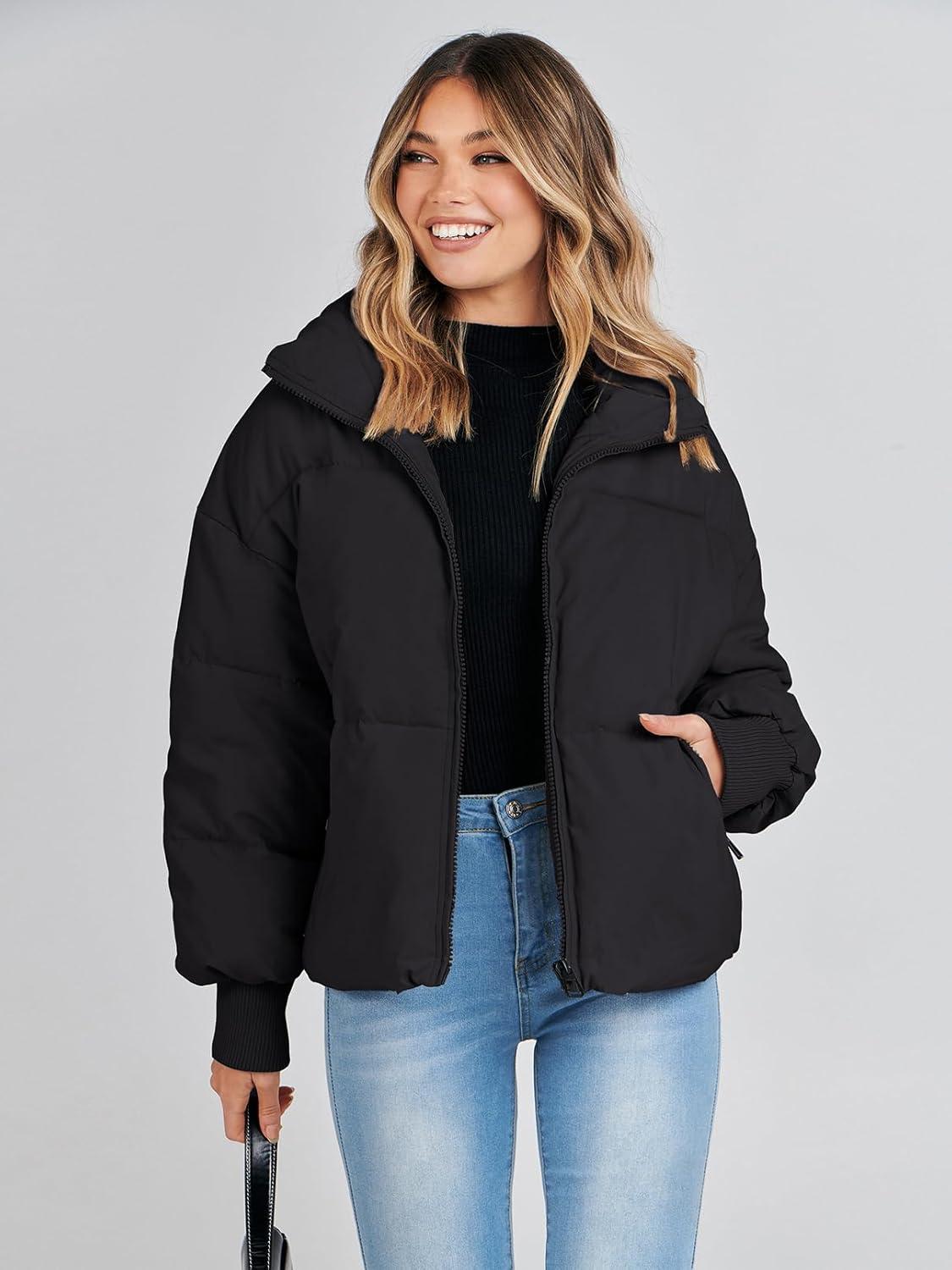 imageMEROKEETY Womens Winter Puffer Jacket Long Sleeve Short Warm Quilted Baggy Coats 2025 OuterwearBlack
