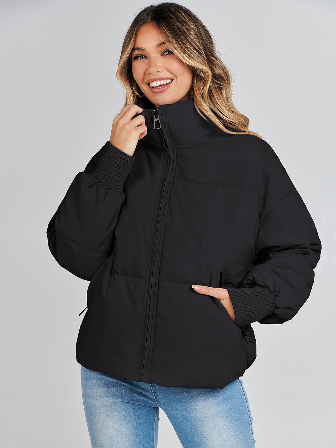 imageMEROKEETY Womens Winter Puffer Jacket Long Sleeve Short Warm Quilted Baggy Coats 2025 OuterwearBlack