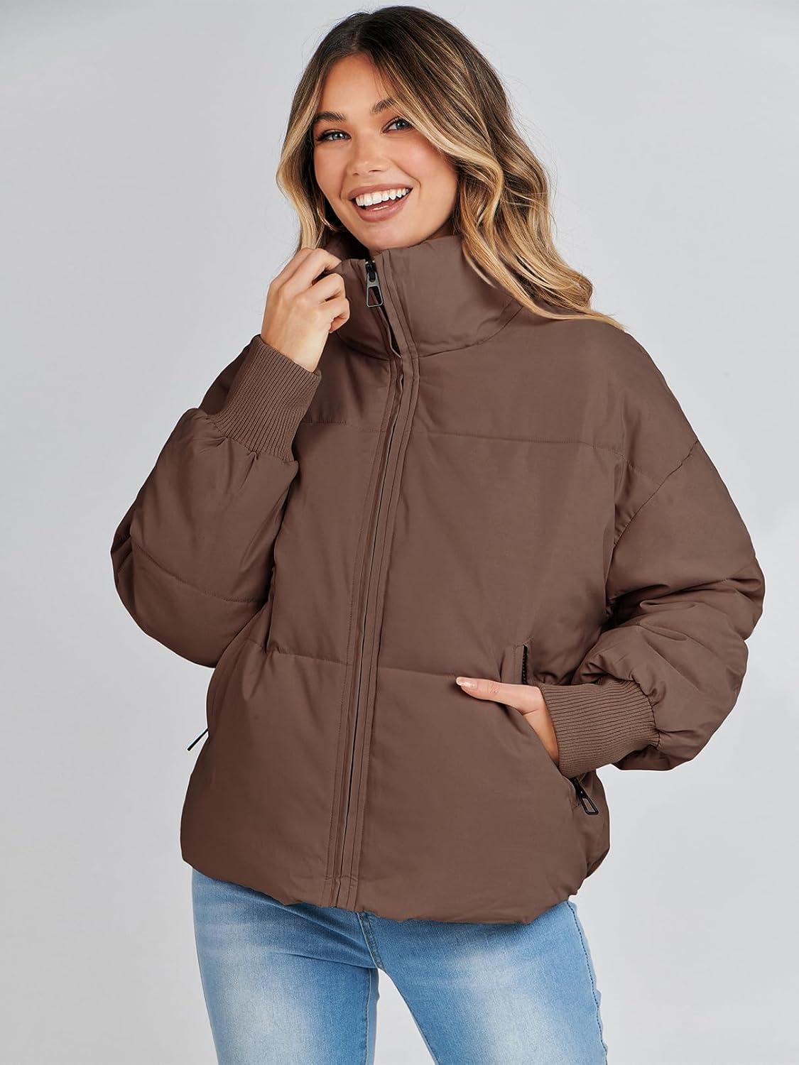 imageMEROKEETY Womens Winter Puffer Jacket Long Sleeve Short Warm Quilted Baggy Coats 2025 OuterwearCoffee