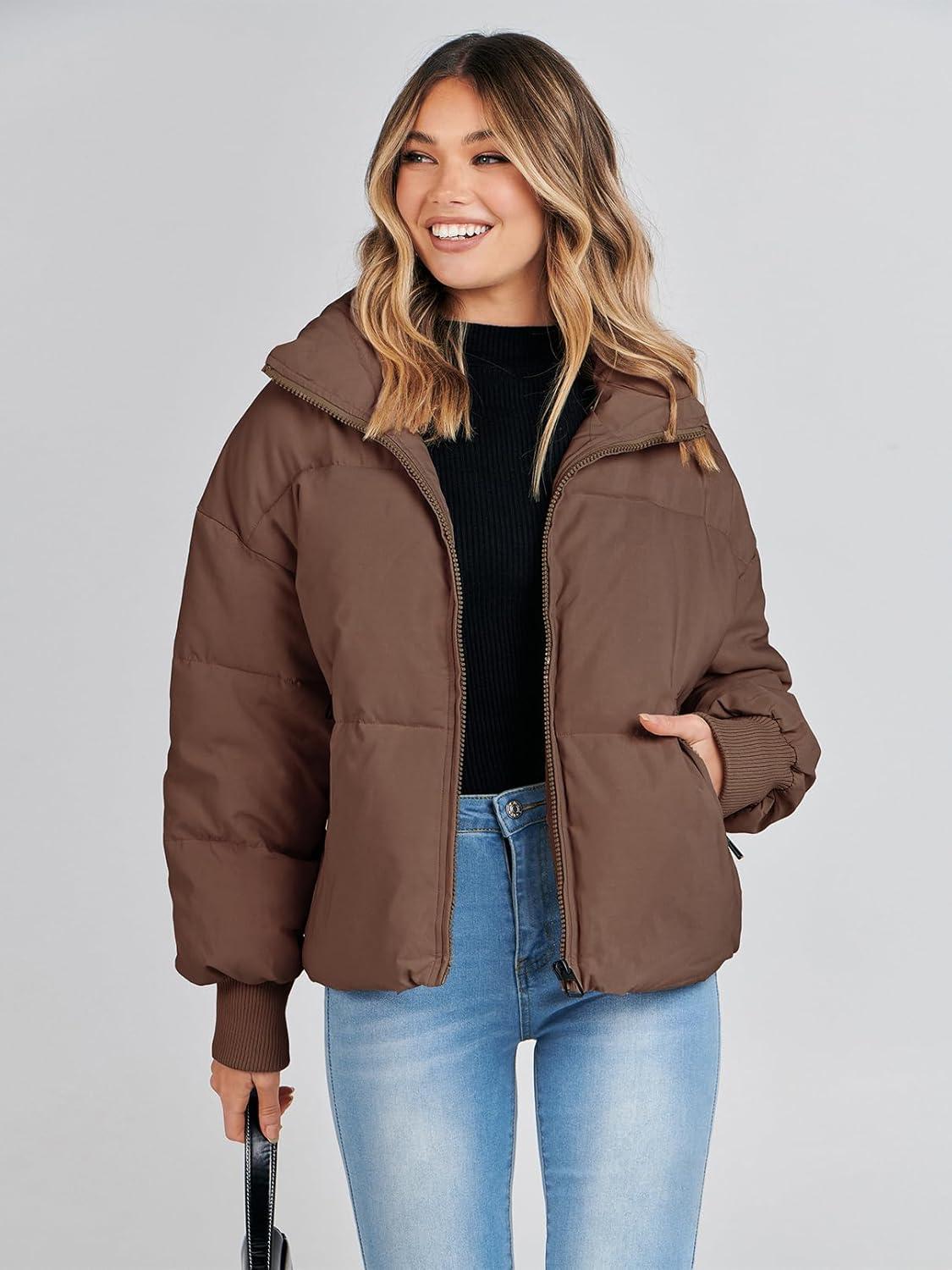 imageMEROKEETY Womens Winter Puffer Jacket Long Sleeve Short Warm Quilted Baggy Coats 2025 OuterwearCoffee