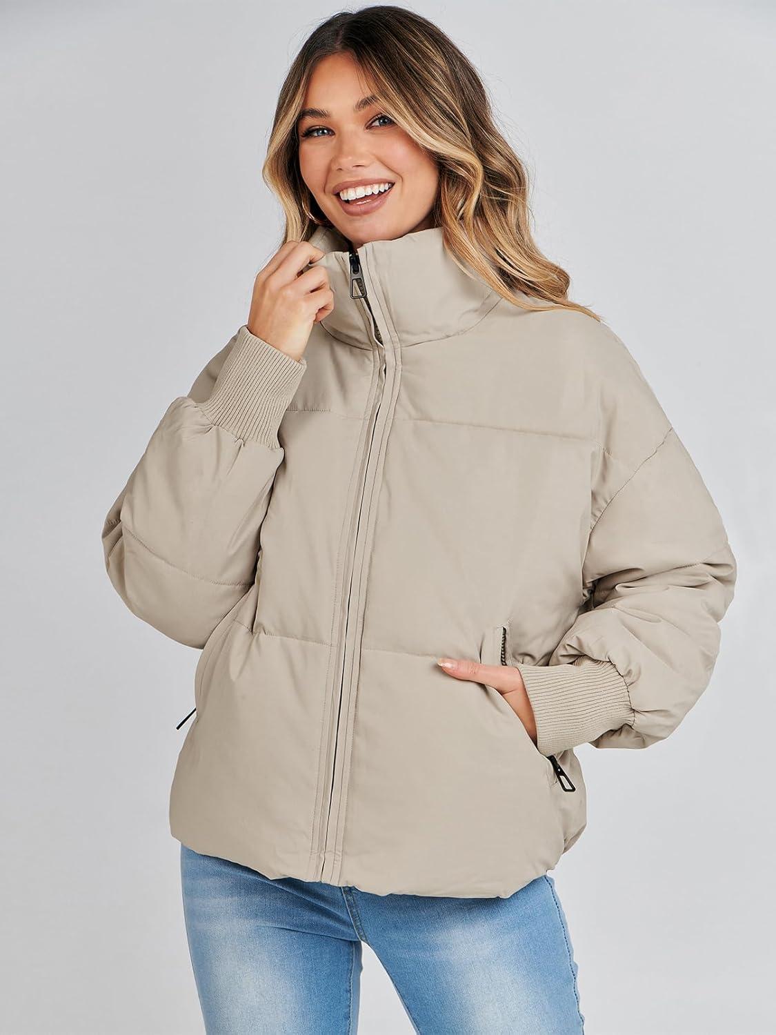 imageMEROKEETY Womens Winter Puffer Jacket Long Sleeve Short Warm Quilted Baggy Coats 2025 OuterwearLight Khaki
