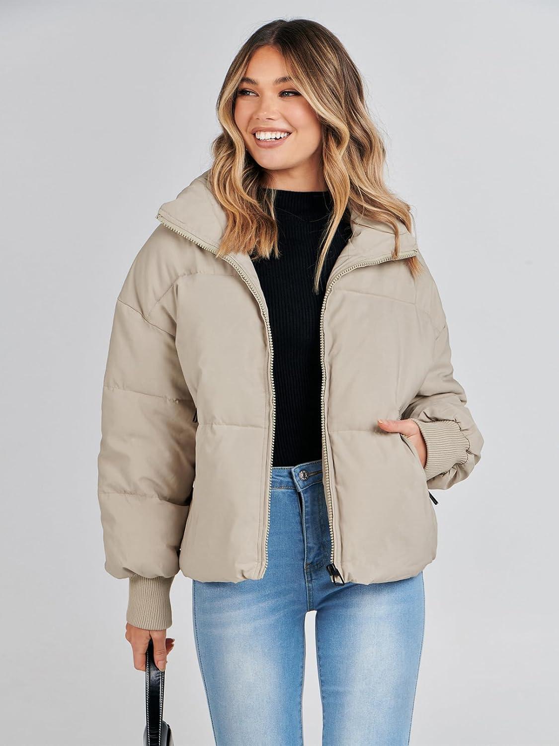 imageMEROKEETY Womens Winter Puffer Jacket Long Sleeve Short Warm Quilted Baggy Coats 2025 OuterwearLight Khaki