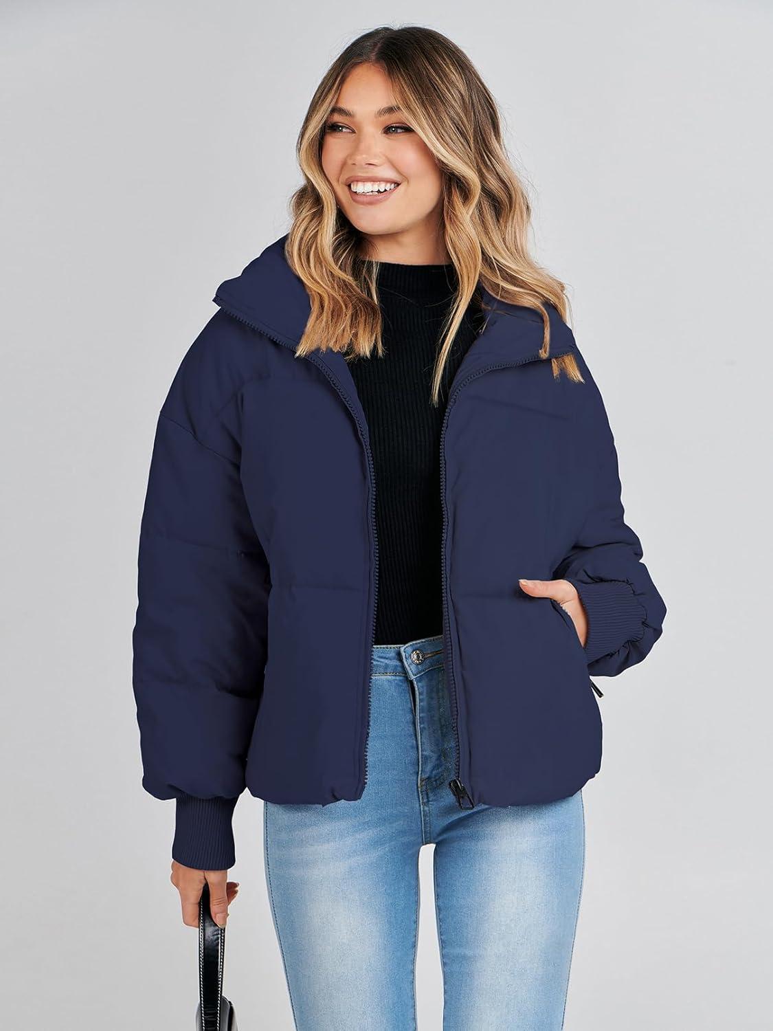 imageMEROKEETY Womens Winter Puffer Jacket Long Sleeve Short Warm Quilted Baggy Coats 2025 OuterwearNavy