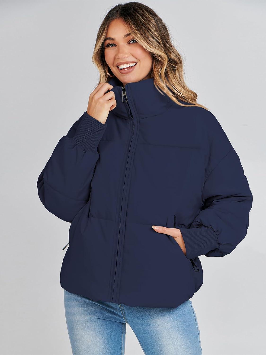 imageMEROKEETY Womens Winter Puffer Jacket Long Sleeve Short Warm Quilted Baggy Coats 2025 OuterwearNavy