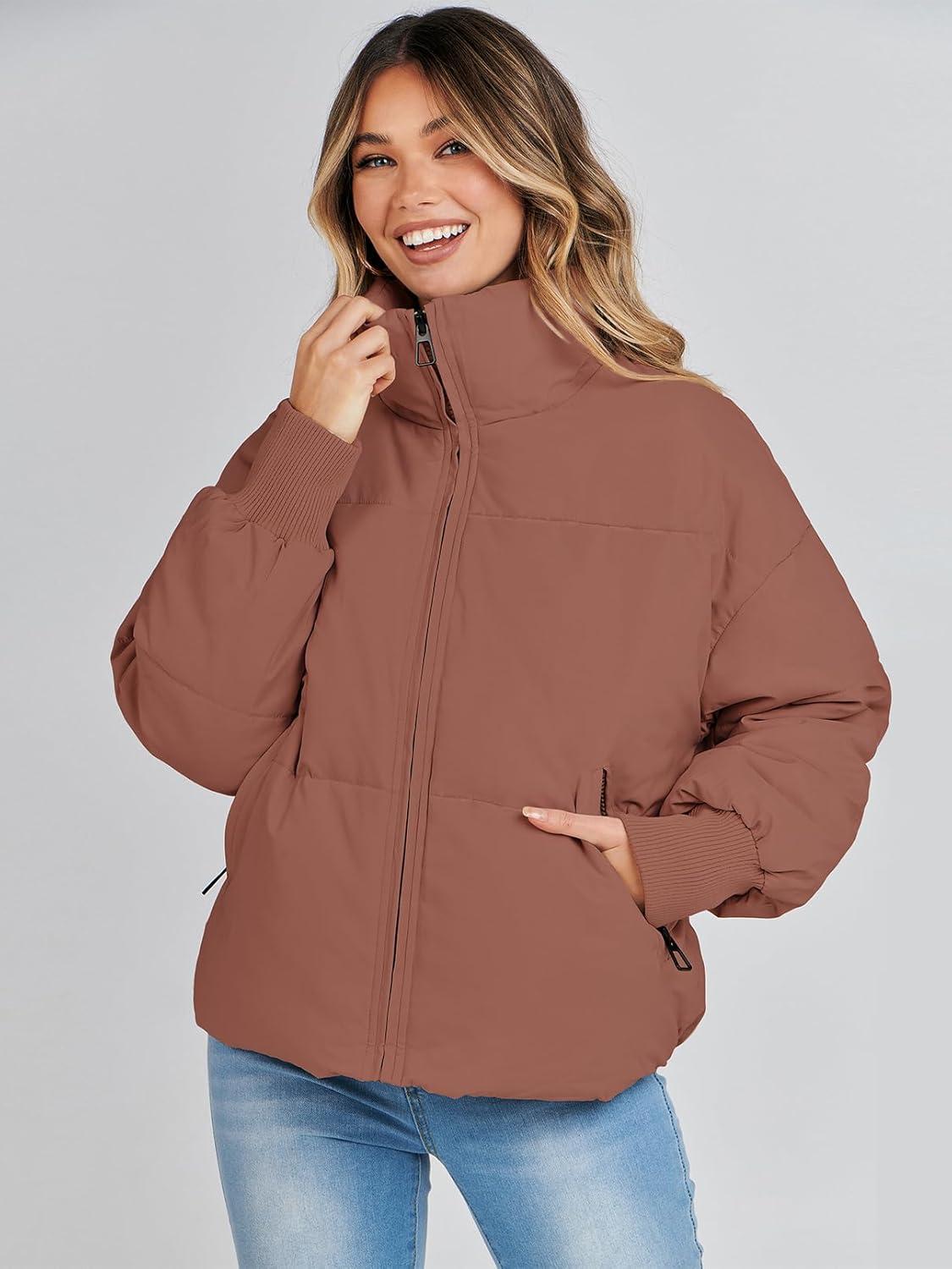 imageMEROKEETY Womens Winter Puffer Jacket Long Sleeve Short Warm Quilted Baggy Coats 2025 OuterwearRed Brown