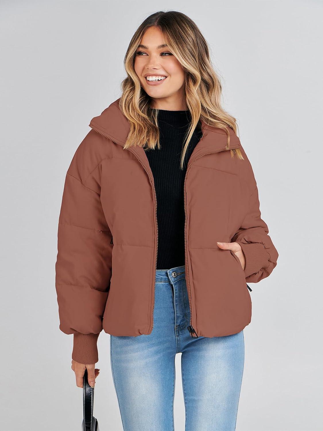 imageMEROKEETY Womens Winter Puffer Jacket Long Sleeve Short Warm Quilted Baggy Coats 2025 OuterwearRed Brown