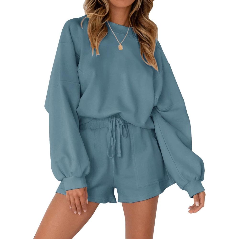 imageMEROKEETY 2026 Spring Lounge Sets for Women Oversized Batwing Sleeve Casual Top and Shorts 2 Piece Outfits Sweat SetBlue