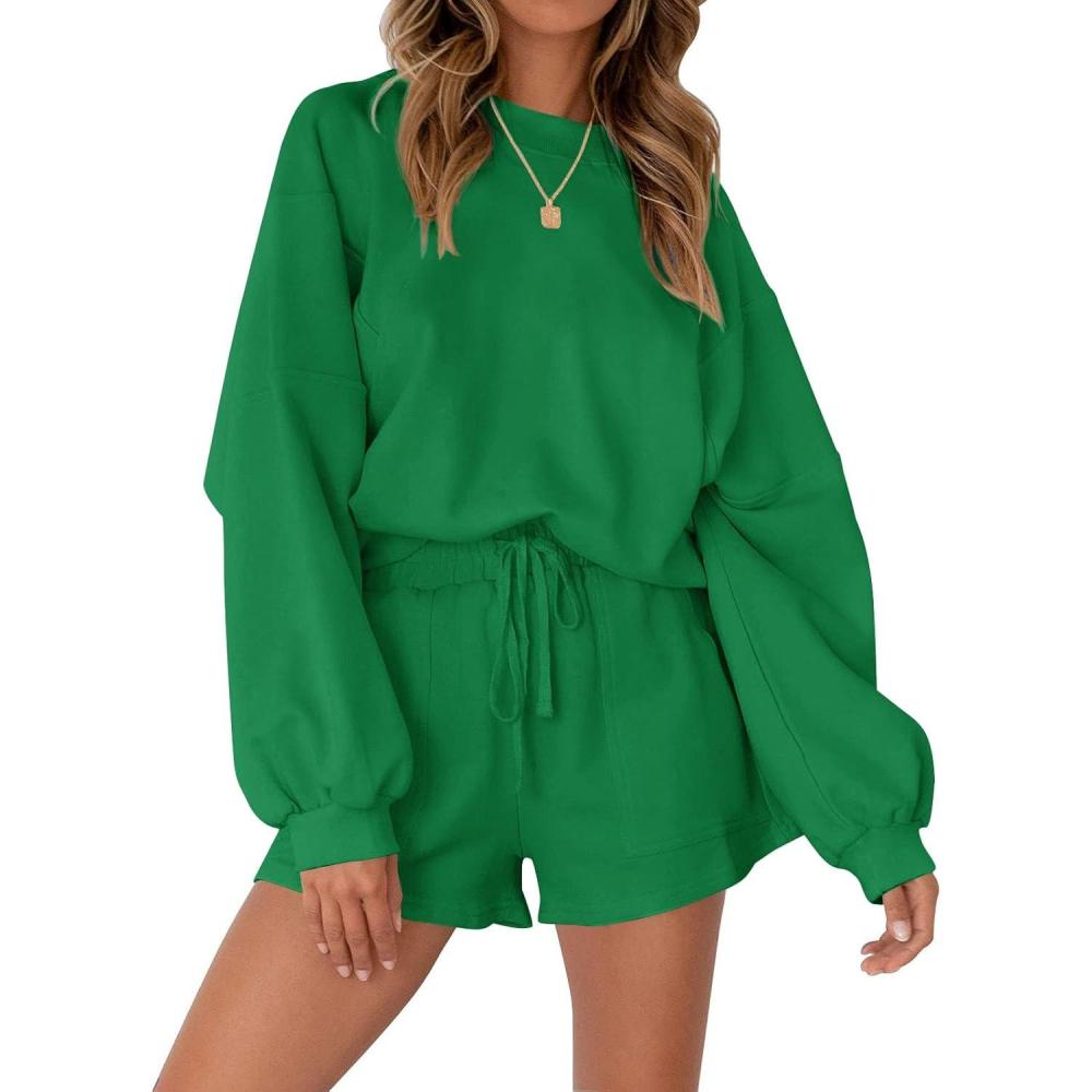 imageMEROKEETY 2026 Spring Lounge Sets for Women Oversized Batwing Sleeve Casual Top and Shorts 2 Piece Outfits Sweat SetForest Green