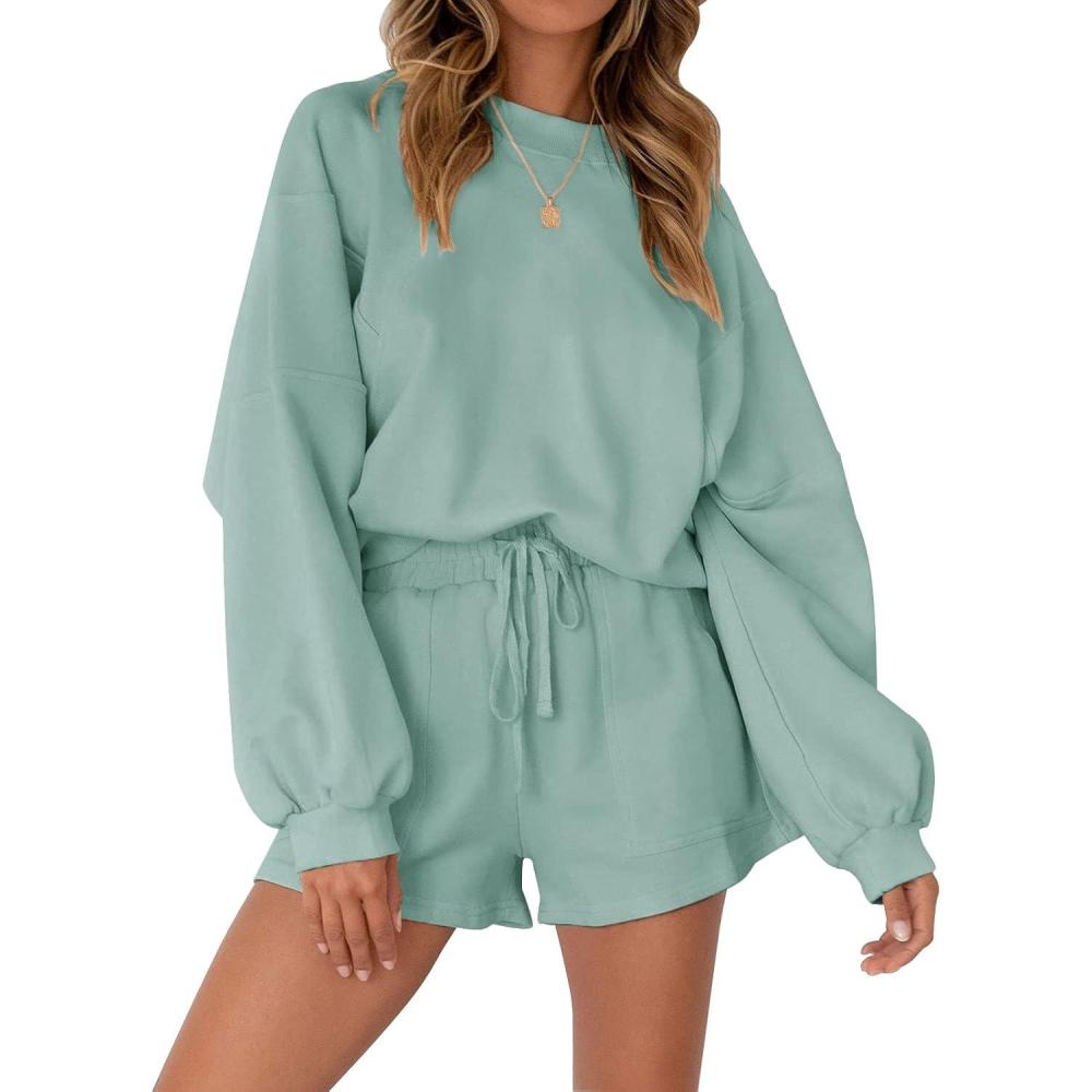 imageMEROKEETY 2026 Spring Lounge Sets for Women Oversized Batwing Sleeve Casual Top and Shorts 2 Piece Outfits Sweat SetLight Green