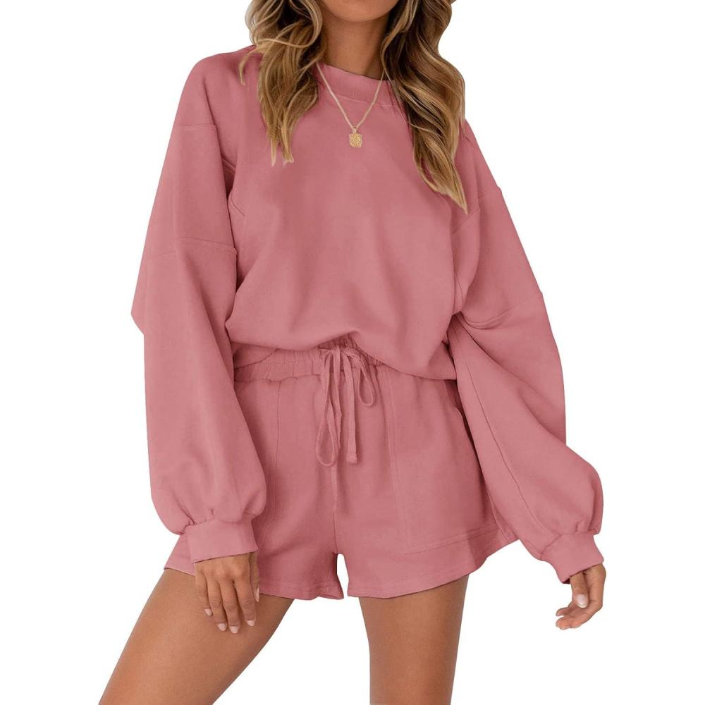 imageMEROKEETY 2026 Spring Lounge Sets for Women Oversized Batwing Sleeve Casual Top and Shorts 2 Piece Outfits Sweat SetPink
