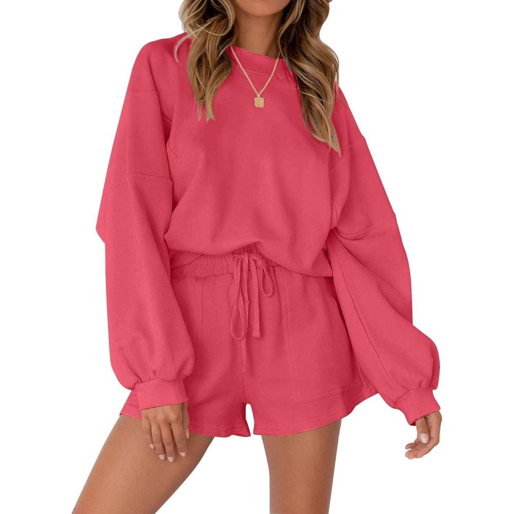 imageMEROKEETY 2026 Spring Lounge Sets for Women Oversized Batwing Sleeve Casual Top and Shorts 2 Piece Outfits Sweat SetWatermelon