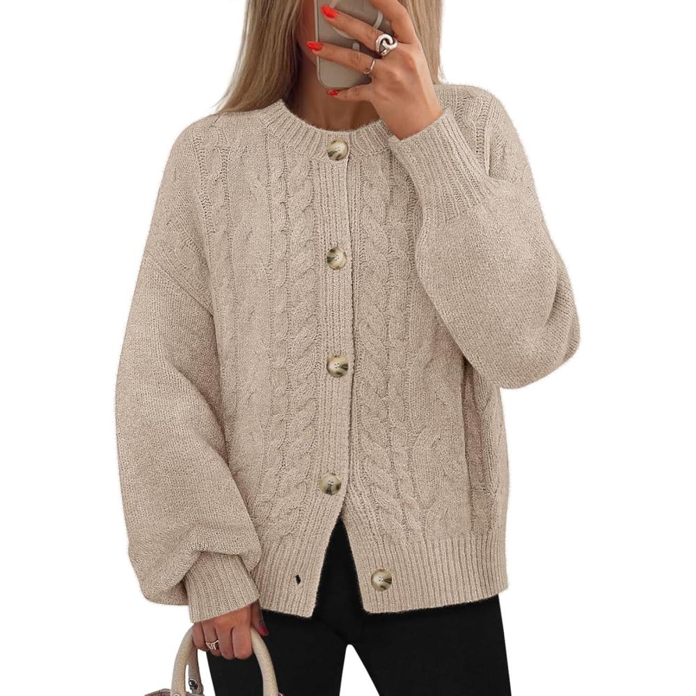 imageMEROKEETY Cardigan Sweaters for Women Fall Long Sleeve Cable Knit Button Open Front Casual Outerwear CoatApricot