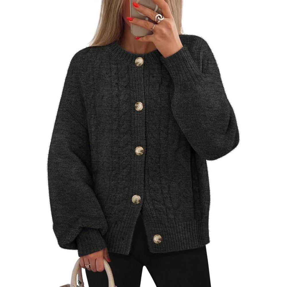 imageMEROKEETY Cardigan Sweaters for Women Fall Long Sleeve Cable Knit Button Open Front Casual Outerwear CoatBlack