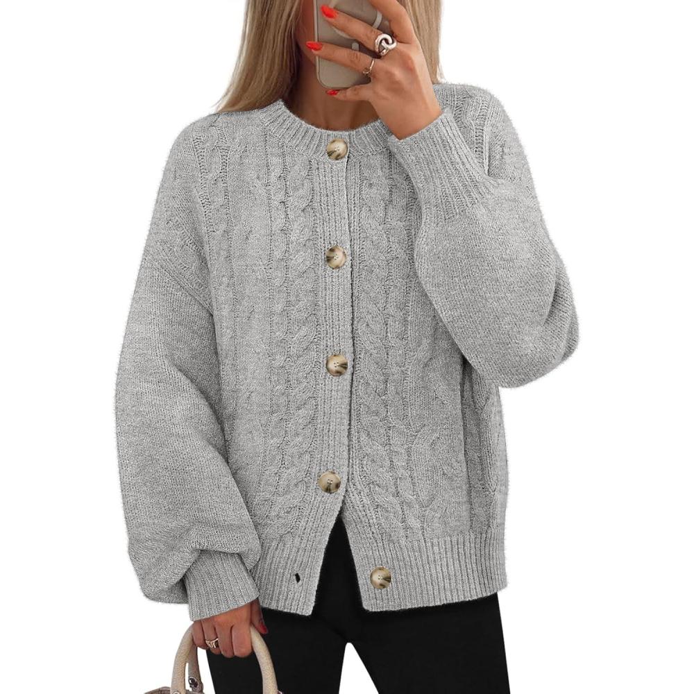 imageMEROKEETY Cardigan Sweaters for Women Fall Long Sleeve Cable Knit Button Open Front Casual Outerwear CoatGray