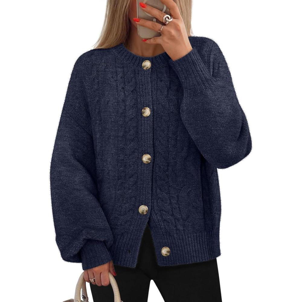 imageMEROKEETY Cardigan Sweaters for Women Fall Long Sleeve Cable Knit Button Open Front Casual Outerwear CoatNavy