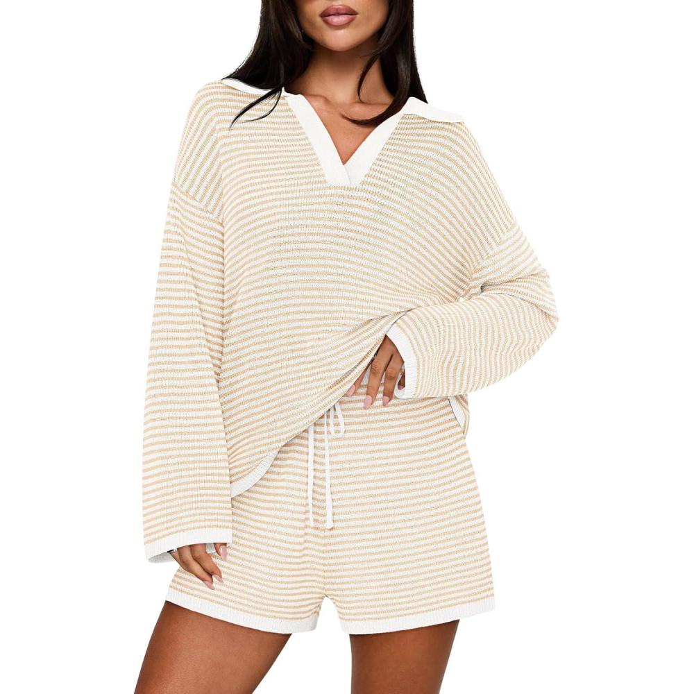 imageMEROKEETY Lounge Sweater Sets for Women 2 Piece Outfits Casual Long Sleeve Striped Tops Shorts Matching SetApricotwhite