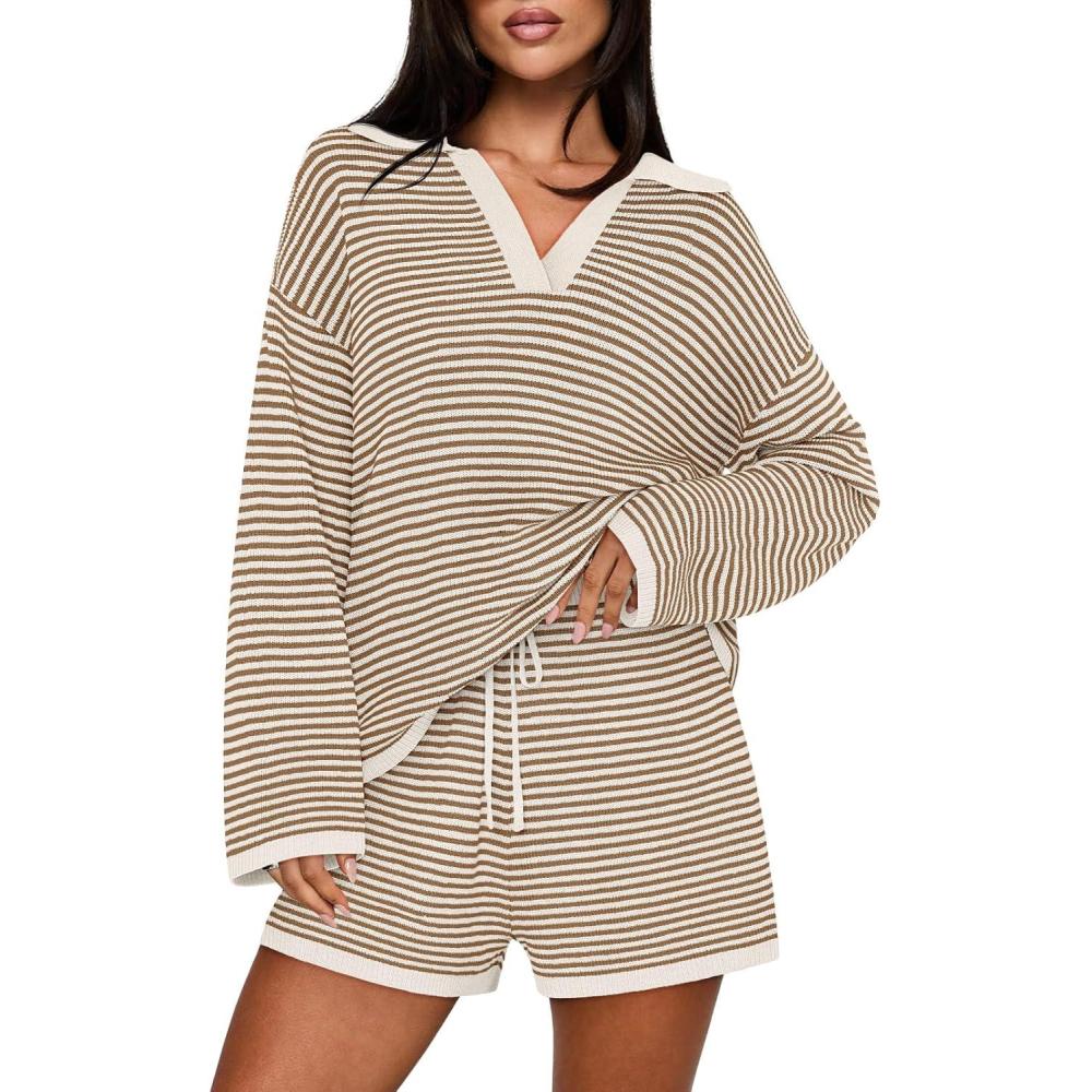 imageMEROKEETY Lounge Sweater Sets for Women 2 Piece Outfits Casual Long Sleeve Striped Tops Shorts Matching SetBrownwhite