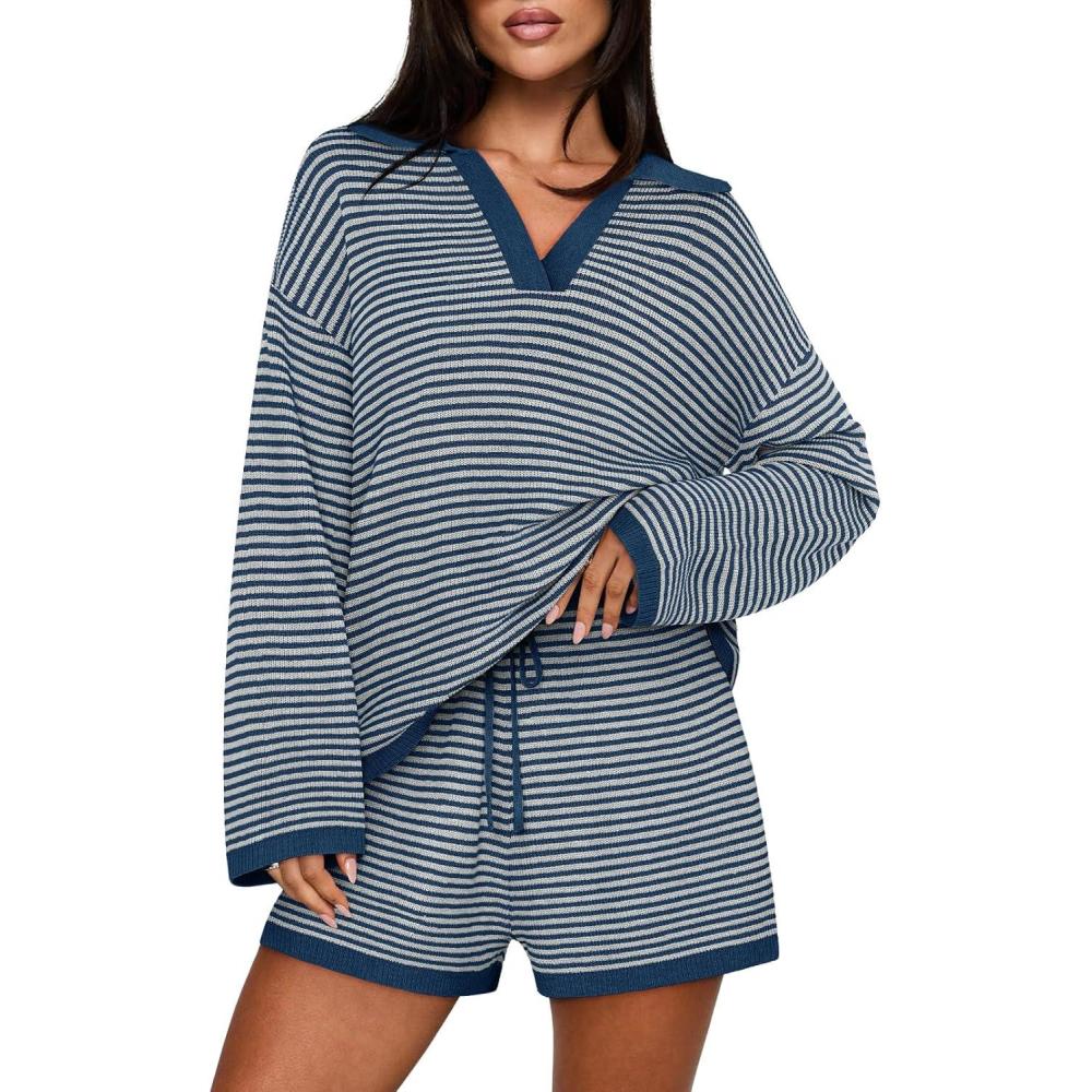 imageMEROKEETY Lounge Sweater Sets for Women 2 Piece Outfits Casual Long Sleeve Striped Tops Shorts Matching SetDustyblue
