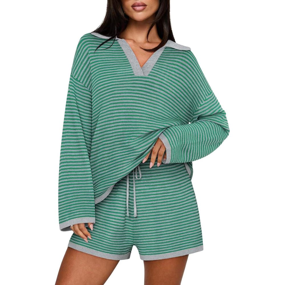 imageMEROKEETY Lounge Sweater Sets for Women 2 Piece Outfits Casual Long Sleeve Striped Tops Shorts Matching SetGreengrey