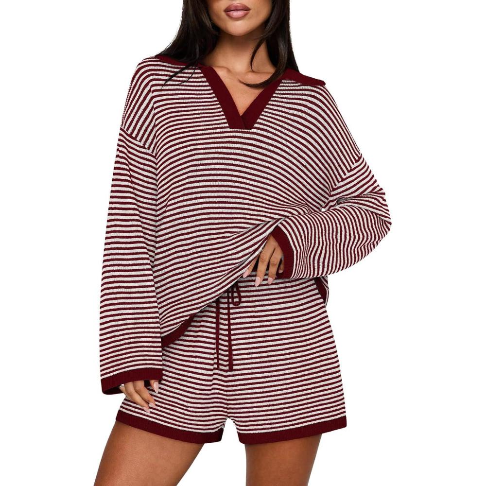 imageMEROKEETY Lounge Sweater Sets for Women 2 Piece Outfits Casual Long Sleeve Striped Tops Shorts Matching SetWine