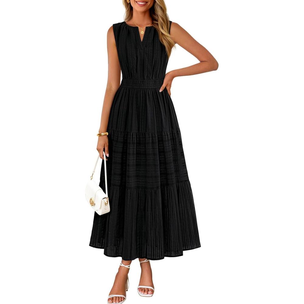 imageMEROKEETY Spring Summer Midi Dresses for Women 2026 Casual Beach Vacation Sleeveless Boho V Neck Tiered Maxi Dress PocketsBlack