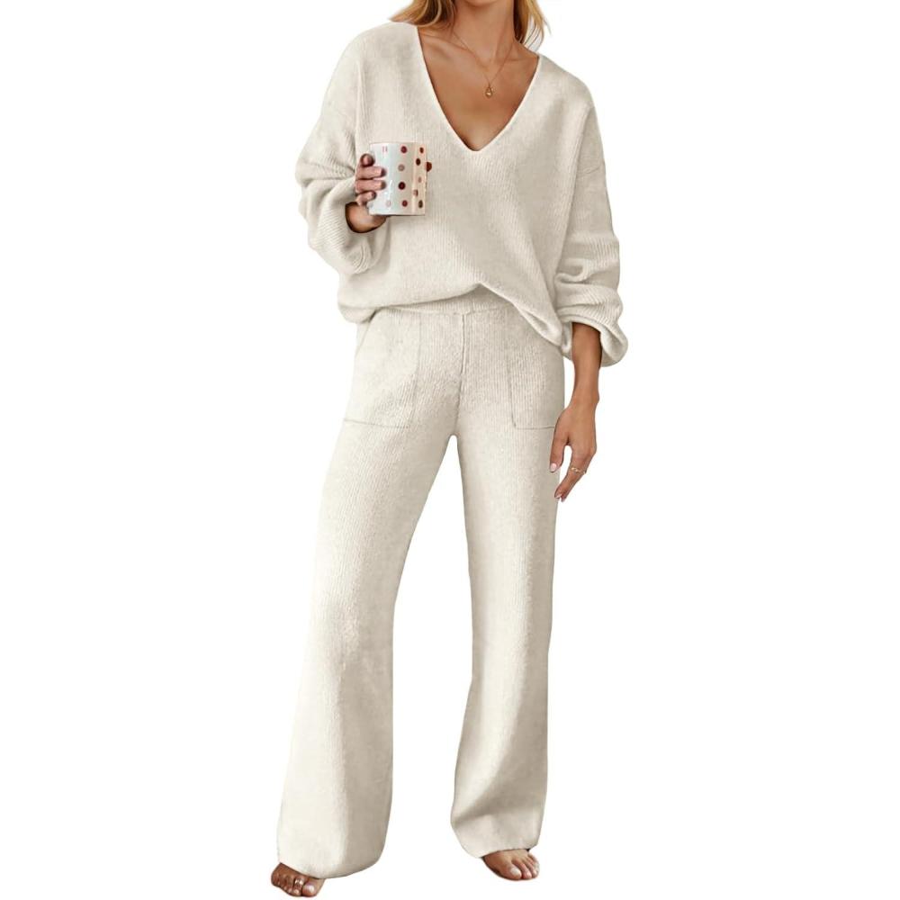 imageMEROKEETY Womens 2 Piece Outfits Lounge Sets Fall Winter Long Sleeve Knit Sweater Wide Leg Pant Matching SetApricot