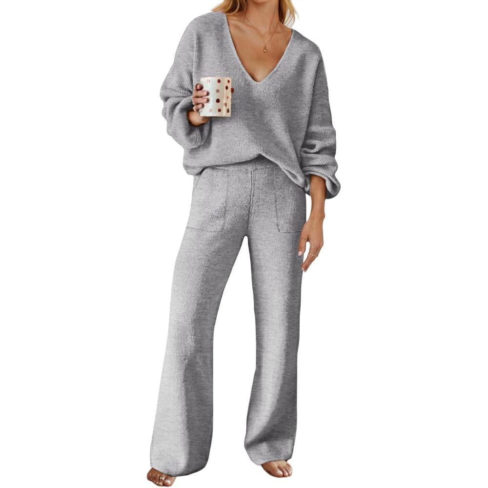 imageMEROKEETY Womens 2 Piece Outfits Lounge Sets Fall Winter Long Sleeve Knit Sweater Wide Leg Pant Matching SetLight Grey