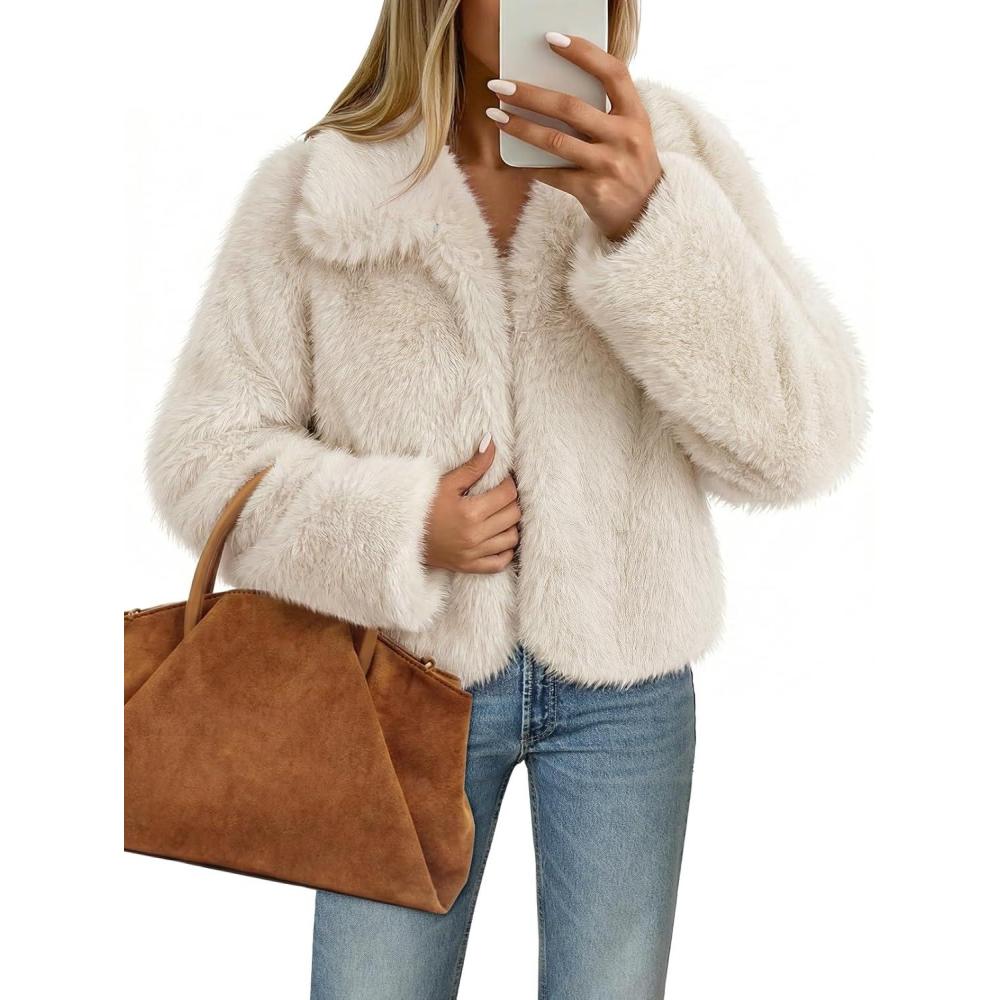 imageMEROKEETY Womens 2025 Winter Coats Furry Faux Fur Jackets Long Sleeve Coat Trendy Warm Outerwear with PocketsApricot