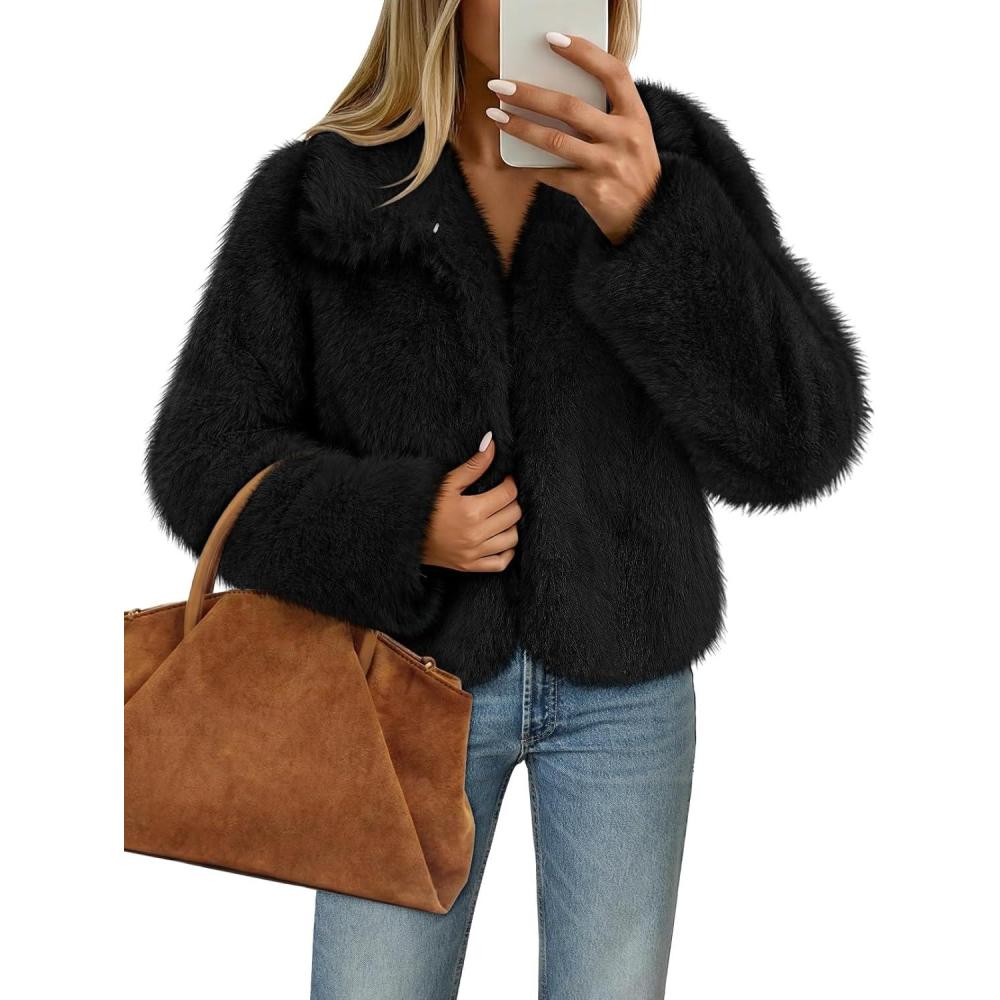 imageMEROKEETY Womens 2025 Winter Coats Furry Faux Fur Jackets Long Sleeve Coat Trendy Warm Outerwear with PocketsBlack